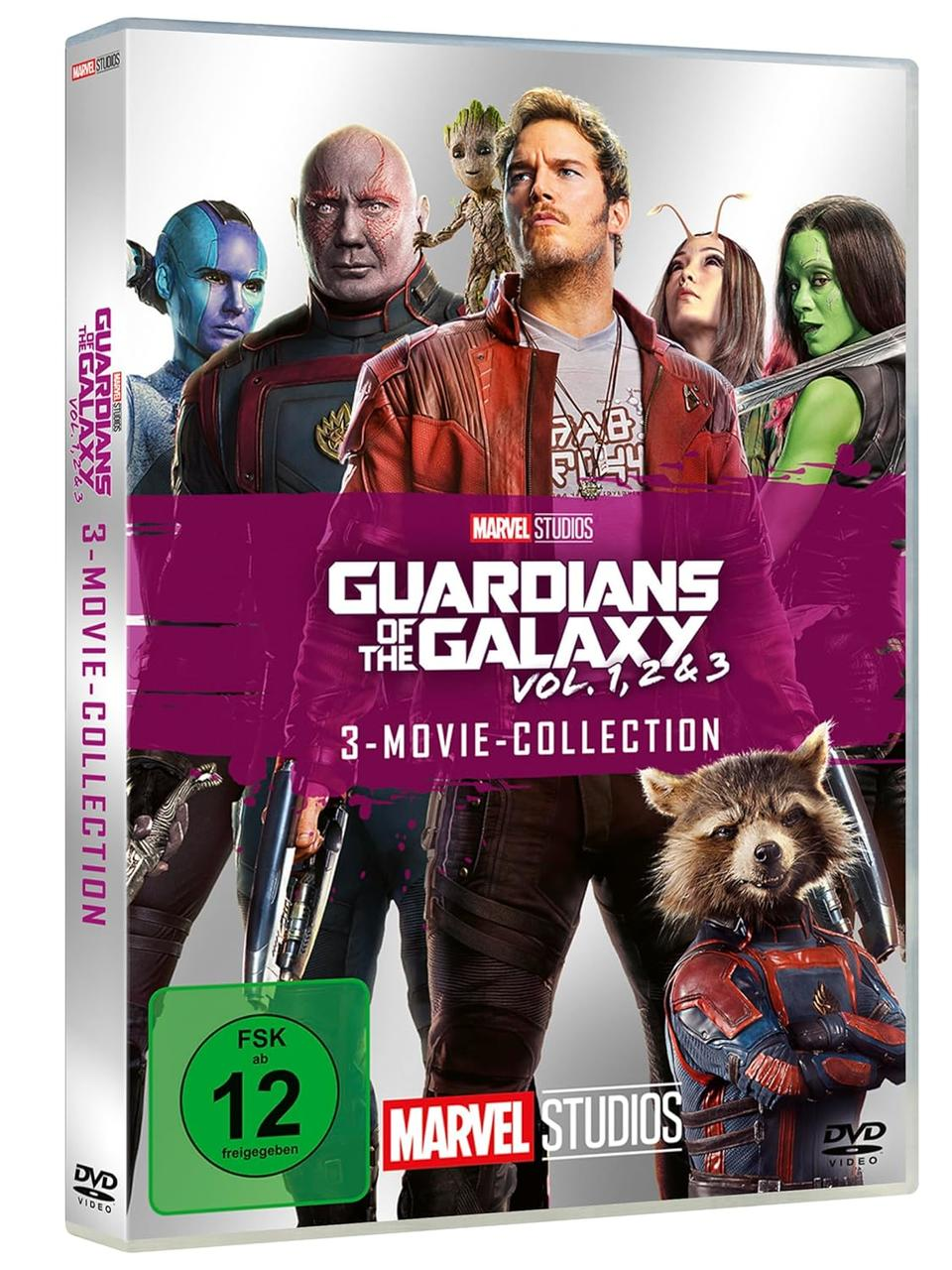 DVD-Box-Set von Guardians of the Galaxy Vol. 1, 2 & 3. Mit Star-Lord, Rocket und Groot. Enthält FSK 12 Freigabe.