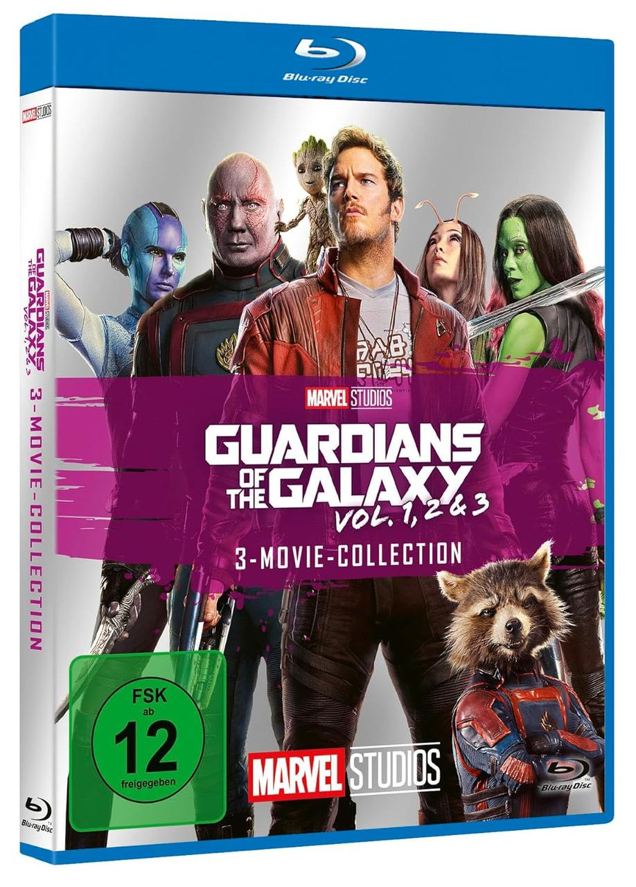 Blu-ray von Guardians of the Galaxy. Charaktere wie Star-Lord, Rocket und Groot werden gezeigt. Text: 3-Movie Collection.