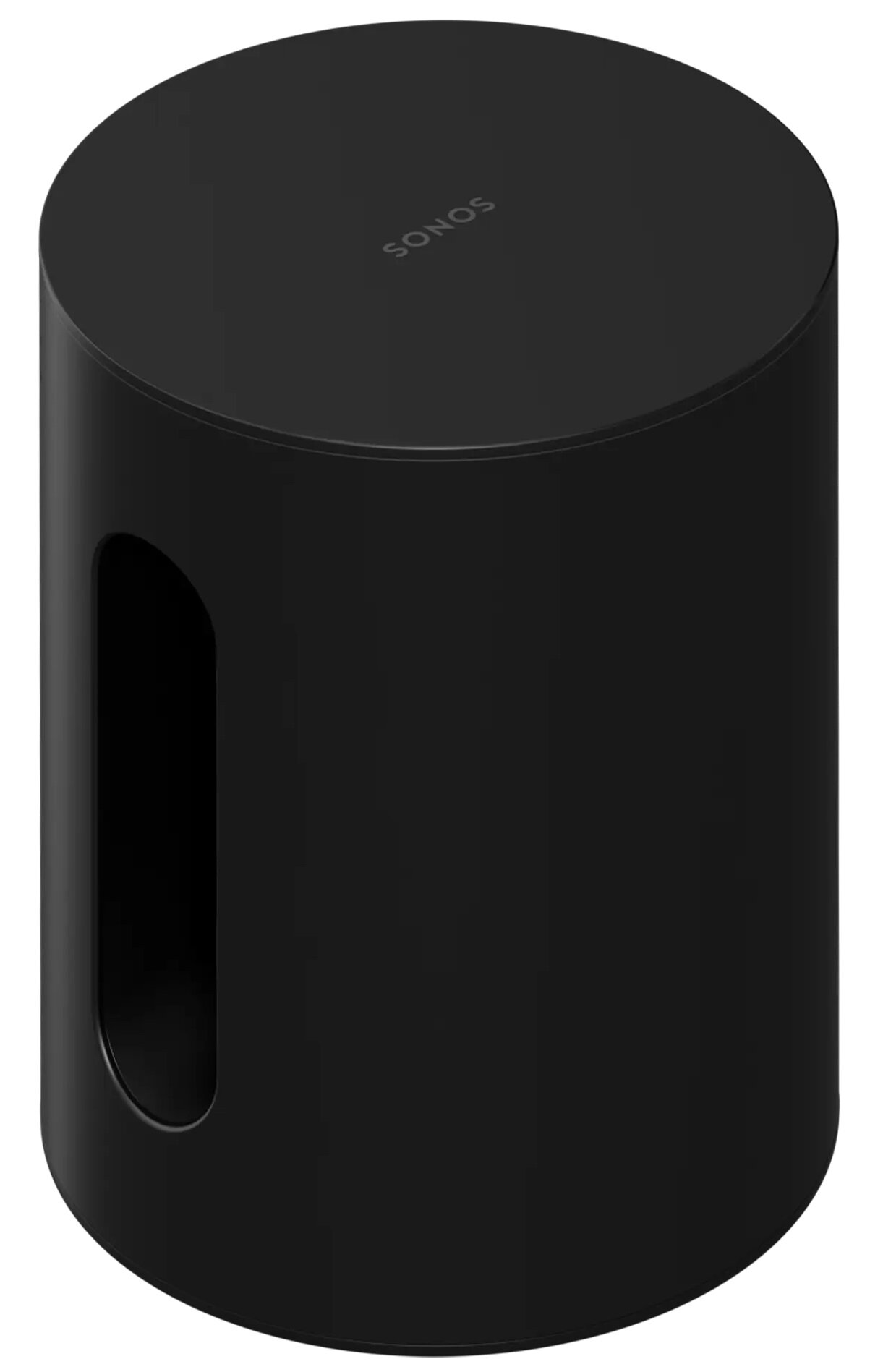 Czarny Sonos Sub. Cylindryczny głośnik z wycięciem z boku. Logo SONOS na górze.