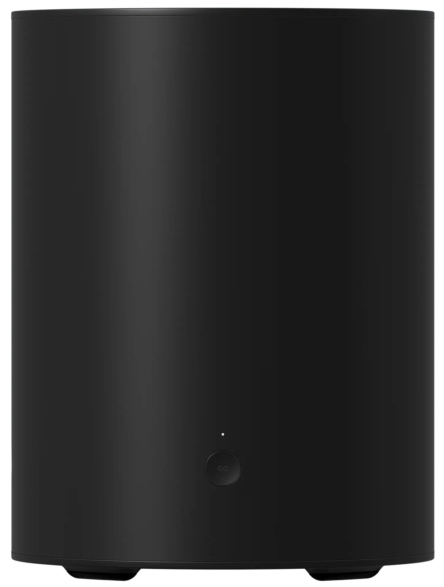 Czarny cylindryczny gadżet z małym światłem i symbolem na dole. Jest na ciemnej powierzchni.