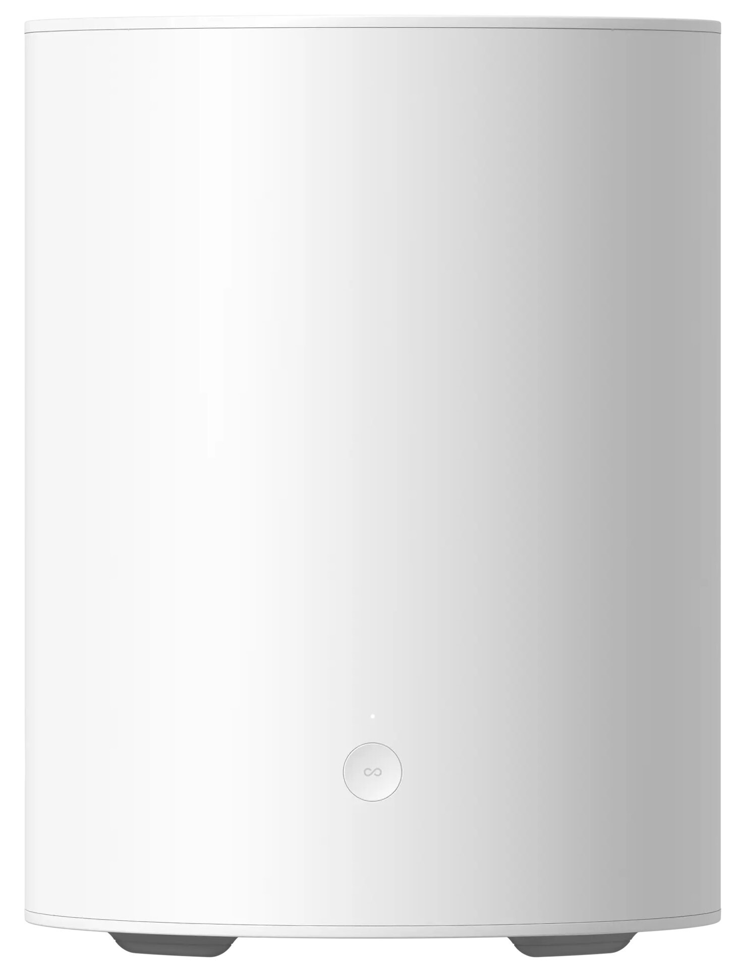Biały, cylindryczny router z małym symbolem nieskończoności i światłem. Podstawa jest ciemniejsza szara.