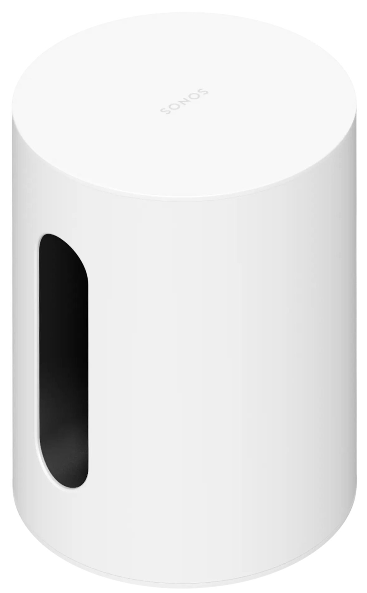 Biały subwoofer Sonos. Cylindryczny kształt z owalnym wycięciem. Logo Sonos u góry.