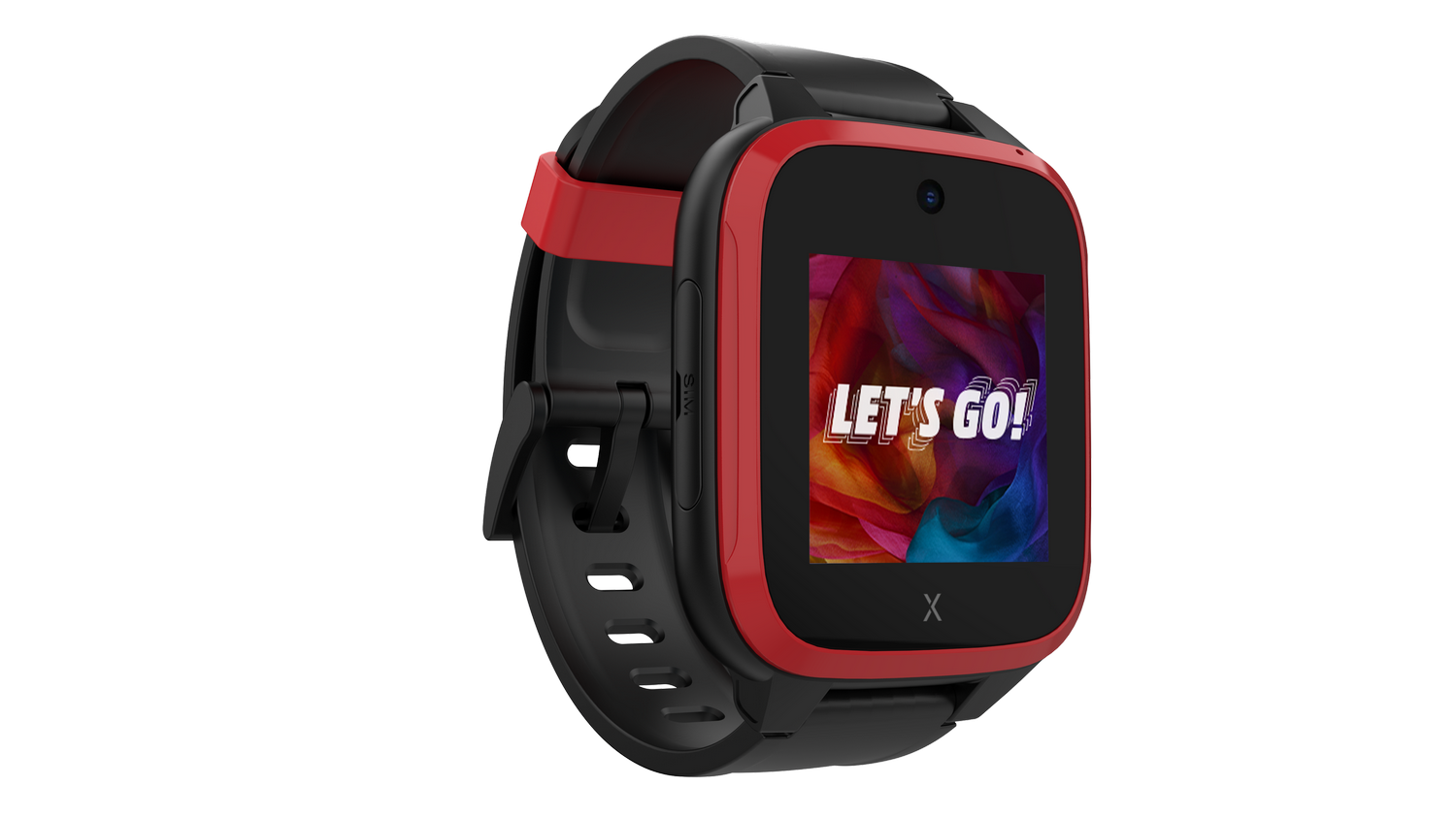 Reloj inteligente negro y rojo con '¡VAMOS!' en la pantalla. Fondo gris. La correa del reloj es negra. Marco rojo alrededor de la pantalla.
