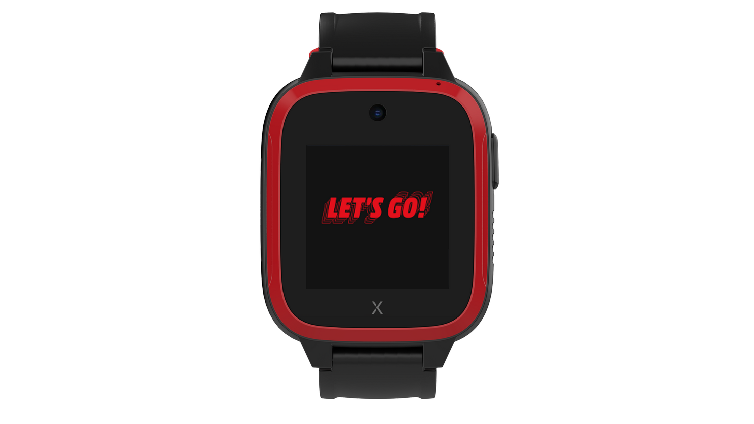 Reloj inteligente negro con borde rojo muestra "¡VAMOS!". Tiene correas negras. El fondo es gris.