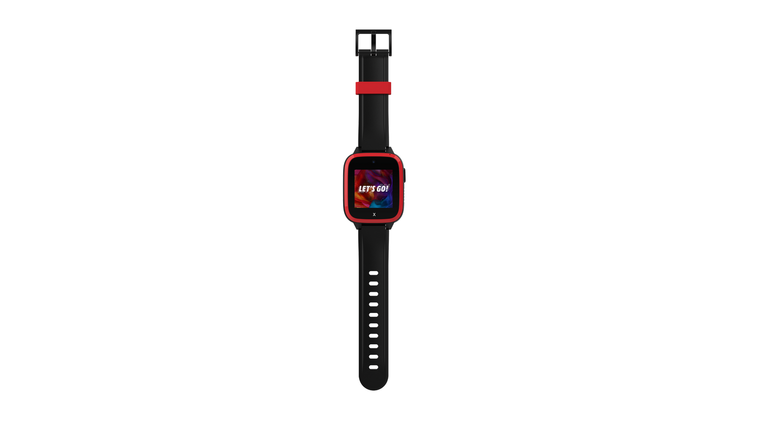 Un reloj inteligente negro y rojo con la pantalla que muestra "¡VAMOS!" sobre un fondo colorido, sobre fondo gris.