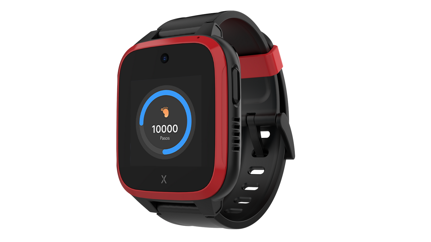 Un reloj inteligente rojo y negro muestra 10,000 pasos. El reloj está sobre un fondo gris.
