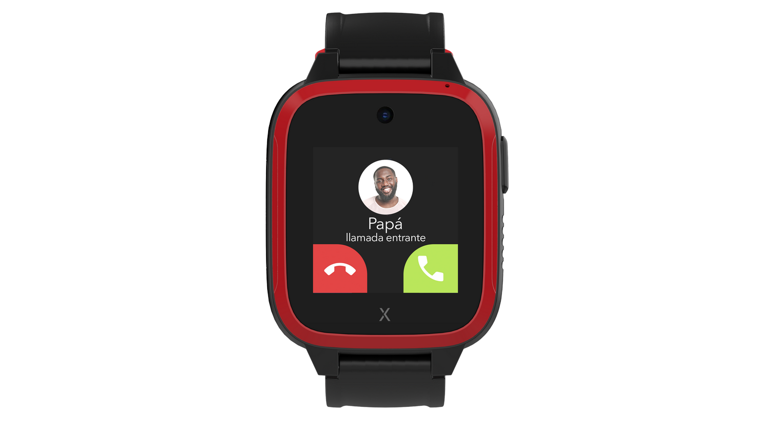 Smartwatch con llamada entrante de 'Papá'. Muestra foto, botones rojo rechazar y verde aceptar. Reloj negro con borde rojo.