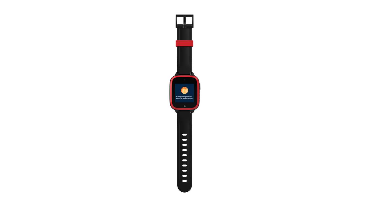 Reloj inteligente rojo y negro sobre fondo gris. La esfera muestra texto. La correa tiene agujeros.