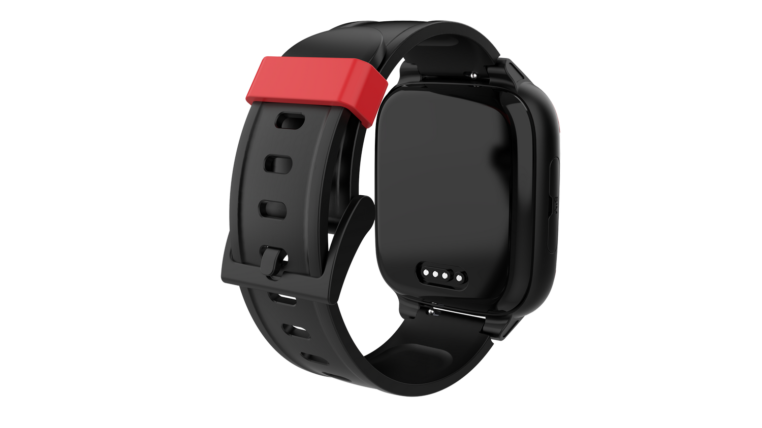 Reloj inteligente negro con acento rojo sobre fondo gris. El reloj está en ángulo, mostrando la correa y la esfera.