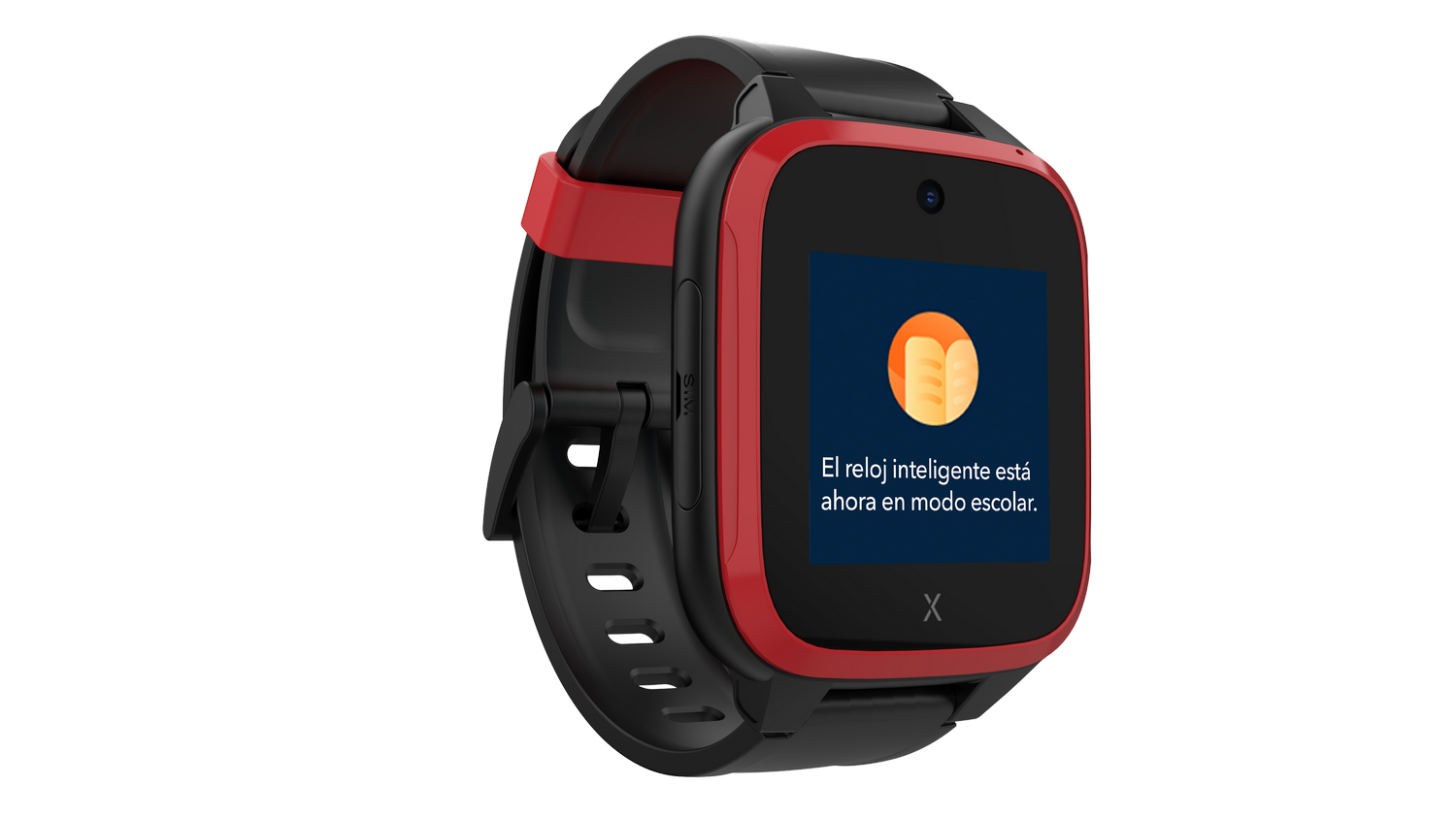 Un reloj inteligente con diseño rojo y negro. La pantalla muestra un mensaje en español, indicando que el modo escolar está activo.