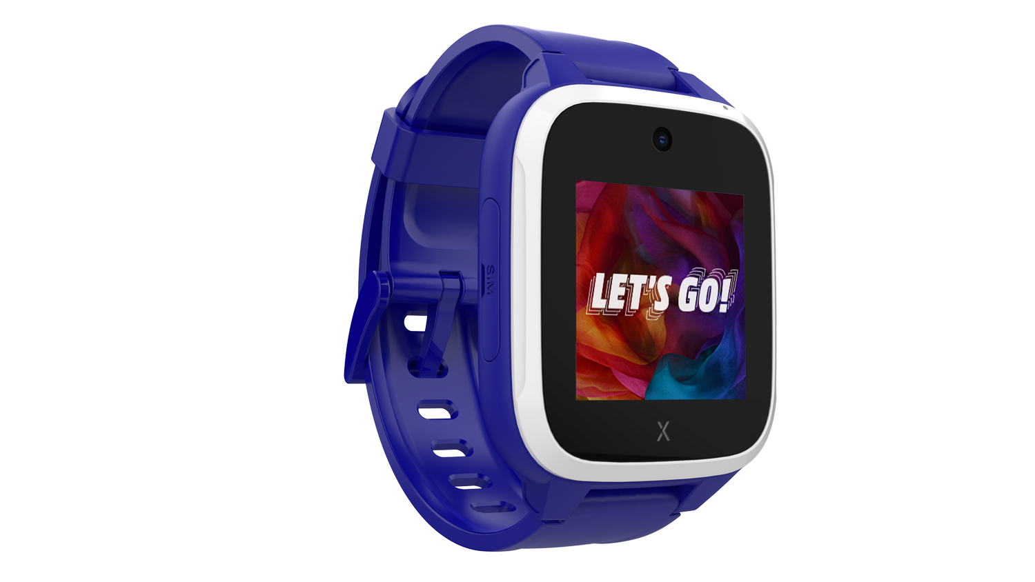 Smartwatch azul con marco blanco. Pantalla muestra "Let's Go!" con fondo abstracto colorido. Fondo gris.