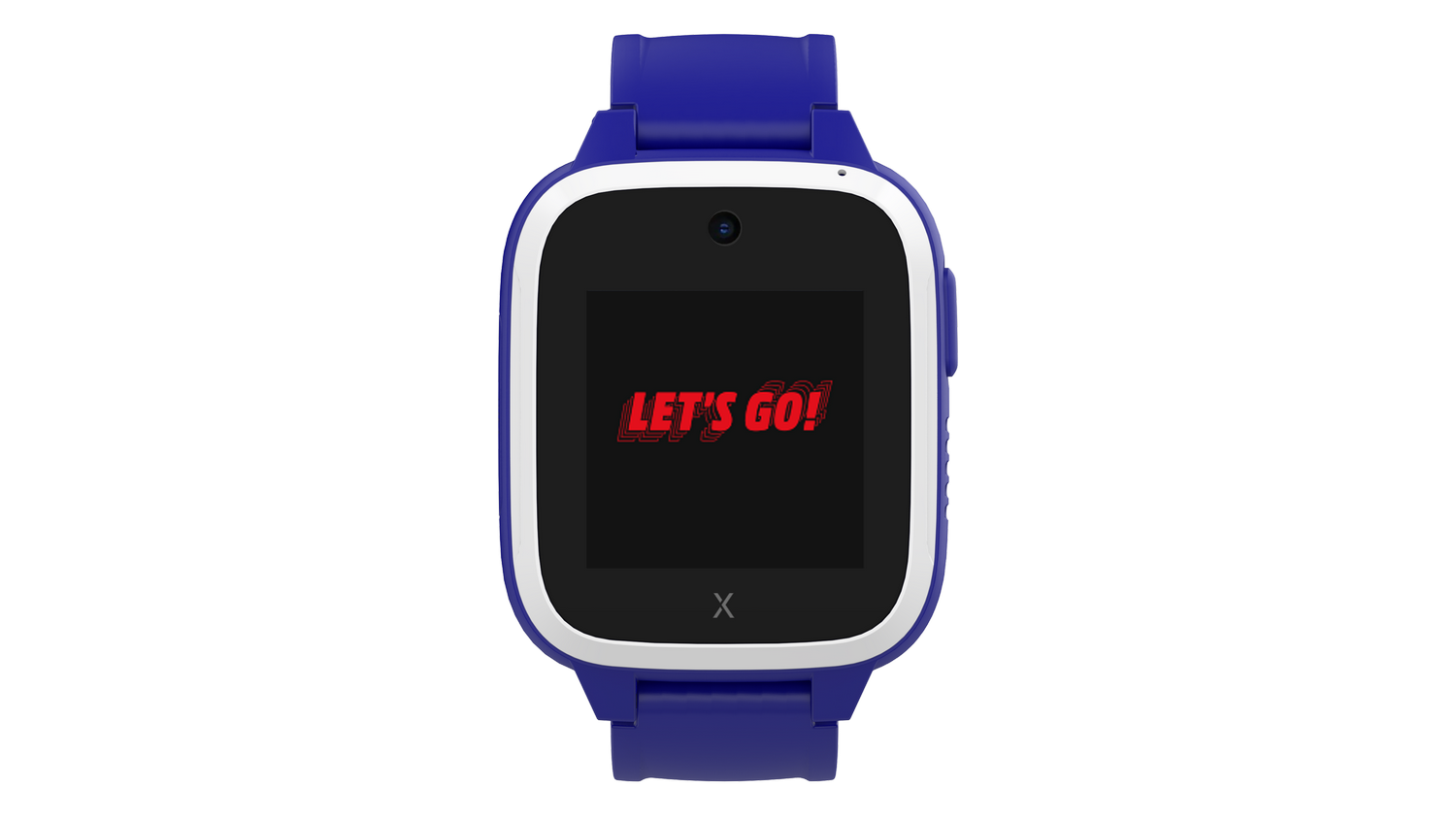 Un reloj inteligente azul con borde blanco muestra "¡VAMOS!" en una pantalla negra sobre un fondo gris.