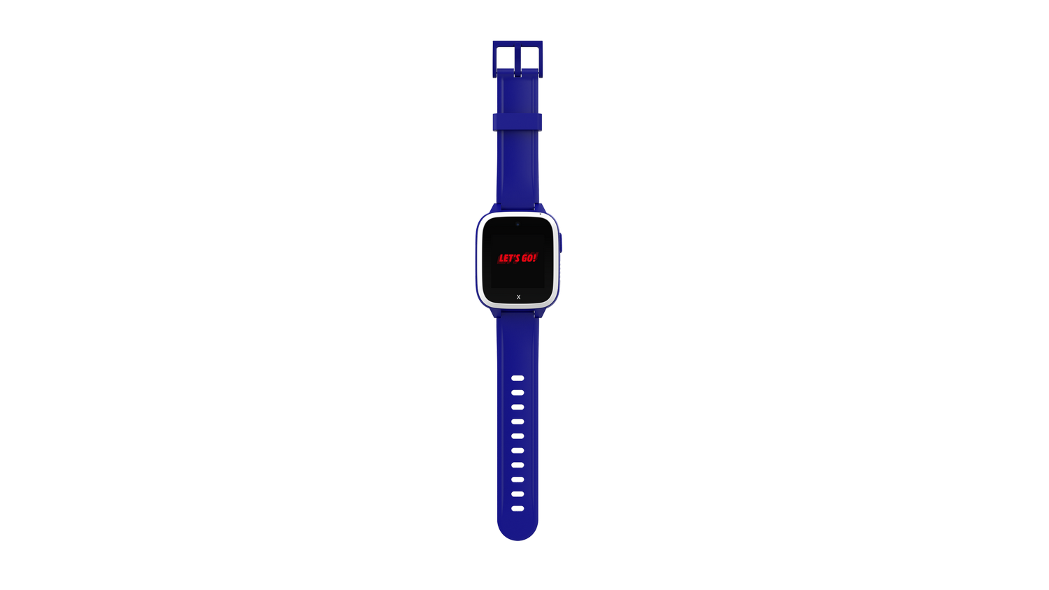 Un reloj inteligente azul con pantalla blanca y texto 'LET'S GO!' sobre fondo gris.