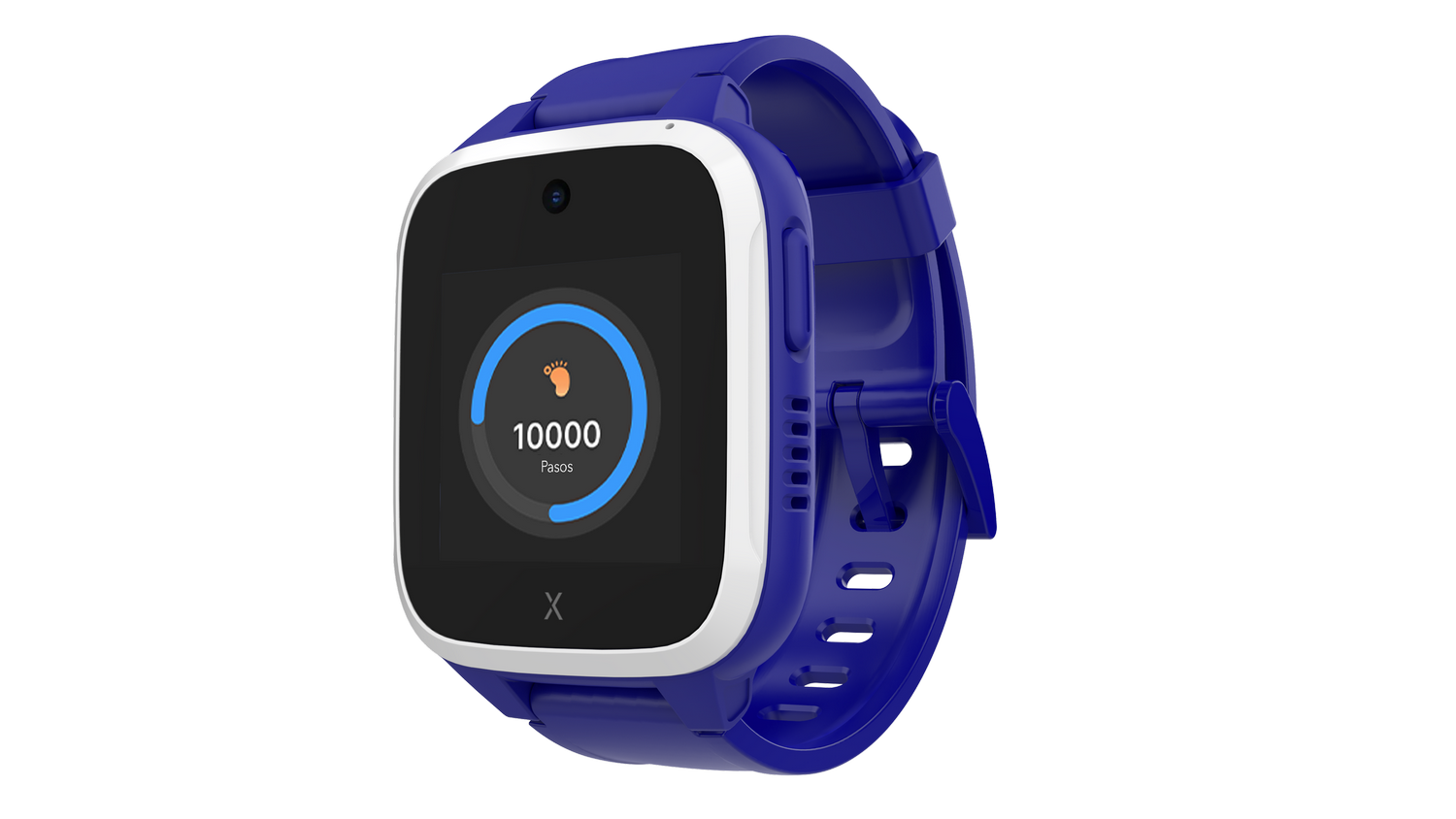 Reloj inteligente azul con borde blanco. La pantalla muestra pasos, con una meta de 10000. Pantalla en un fondo gris.