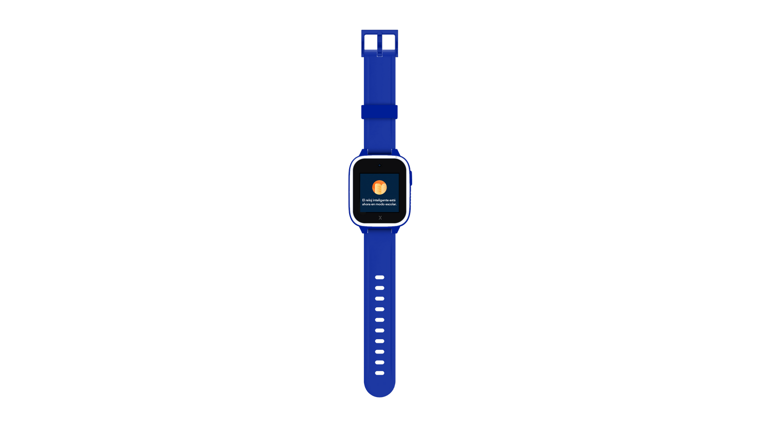 Un reloj inteligente azul con borde blanco y pantalla con texto sobre fondo gris.