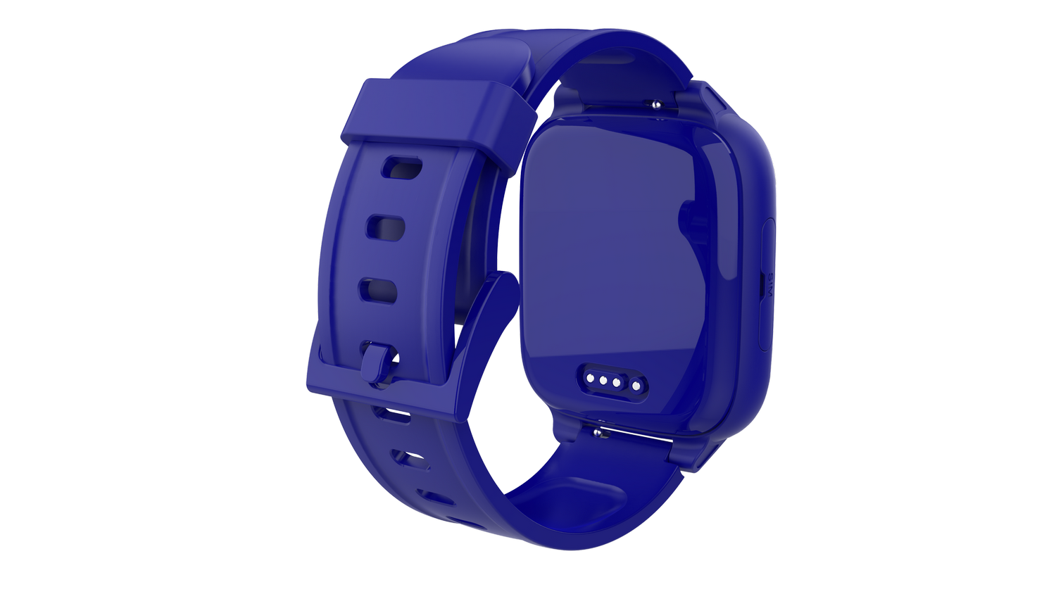 Un reloj inteligente azul con correa de goma se muestra sobre un fondo gris. La esfera del reloj es visible con pequeñas luces blancas.