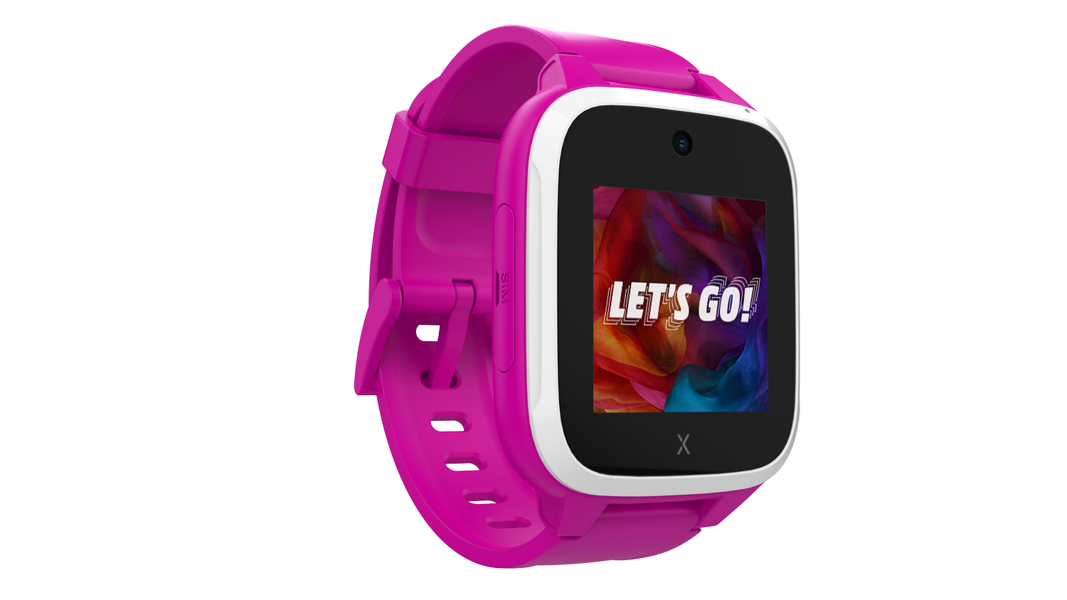 Reloj inteligente rosa con bisel blanco, pantalla negra con "LET'S GO!" sobre fondo colorido, ranura SIM y correa rosa.
