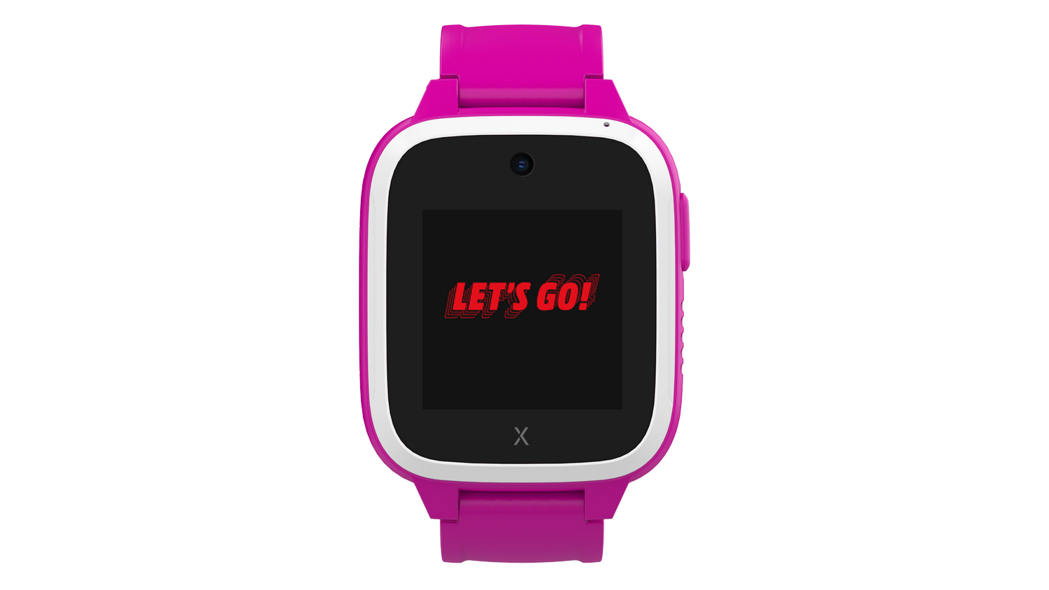 Un reloj inteligente rosa con '¡VAMOS!' en la pantalla. Bisel blanco, pantalla negra y fondo gris.