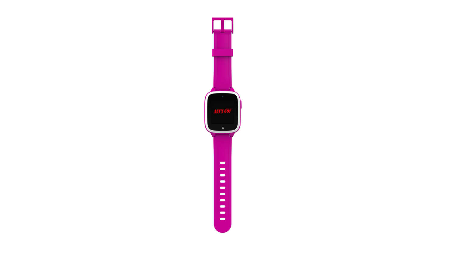 Un reloj inteligente rosa con pantalla negra que muestra 'LET'S GO!' sobre un fondo gris. La correa está conectada.