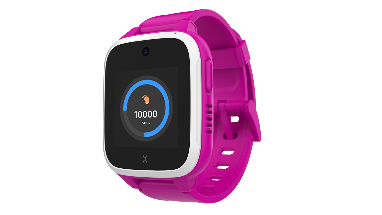 Un reloj inteligente rosa que muestra 10000 pasos. El reloj tiene pantalla negra, borde blanco y correa rosa sobre fondo gris.