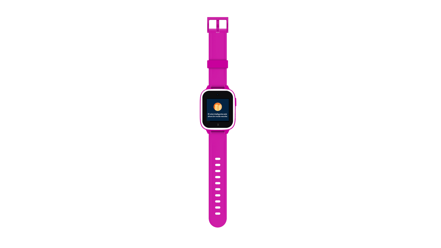 Un reloj inteligente rosa con marco blanco y mensaje en pantalla, sobre fondo gris.