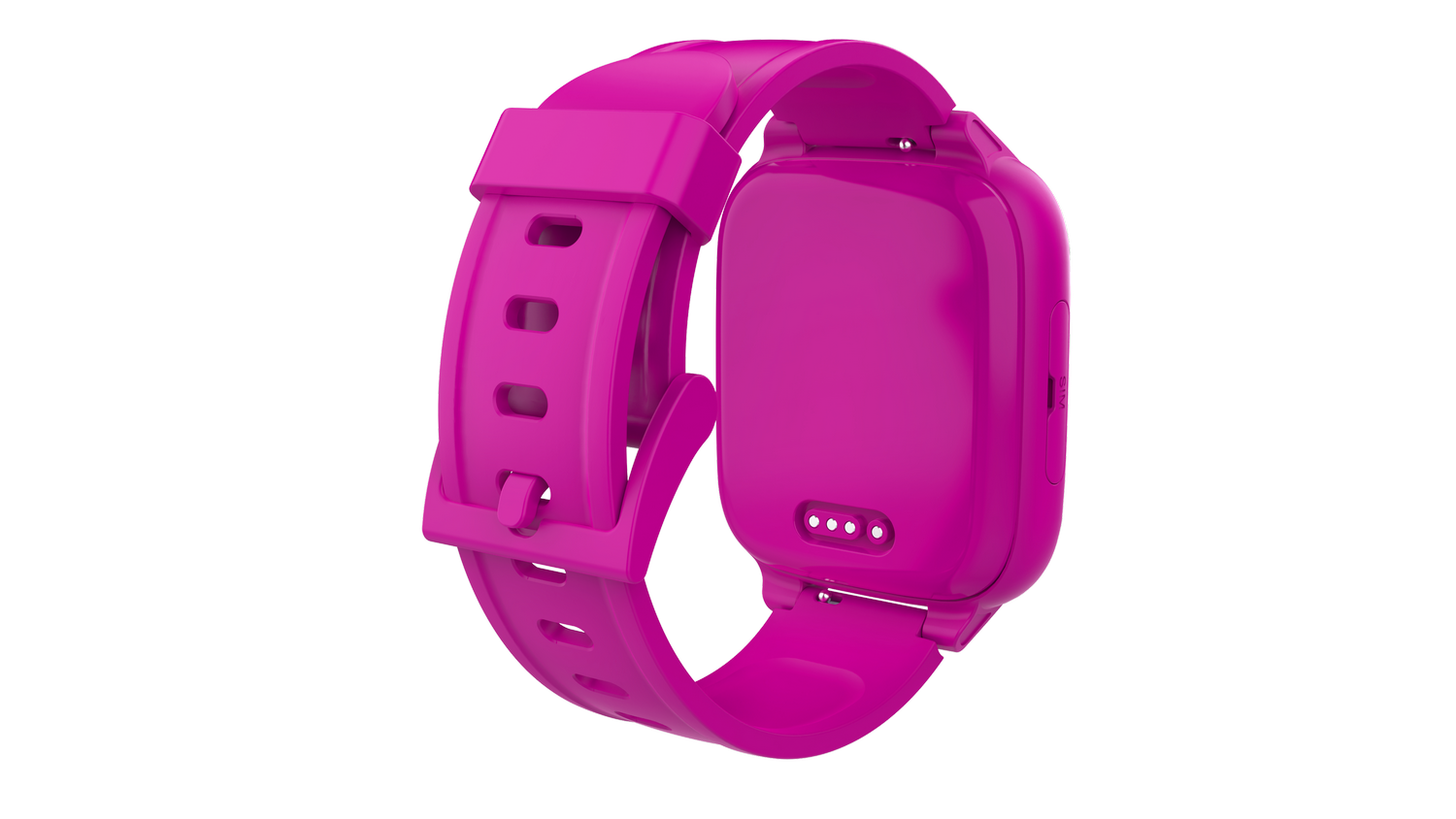 Un reloj inteligente rosa con correa se muestra sobre un fondo gris. El reloj está en ángulo, mostrando la correa y la parte trasera.