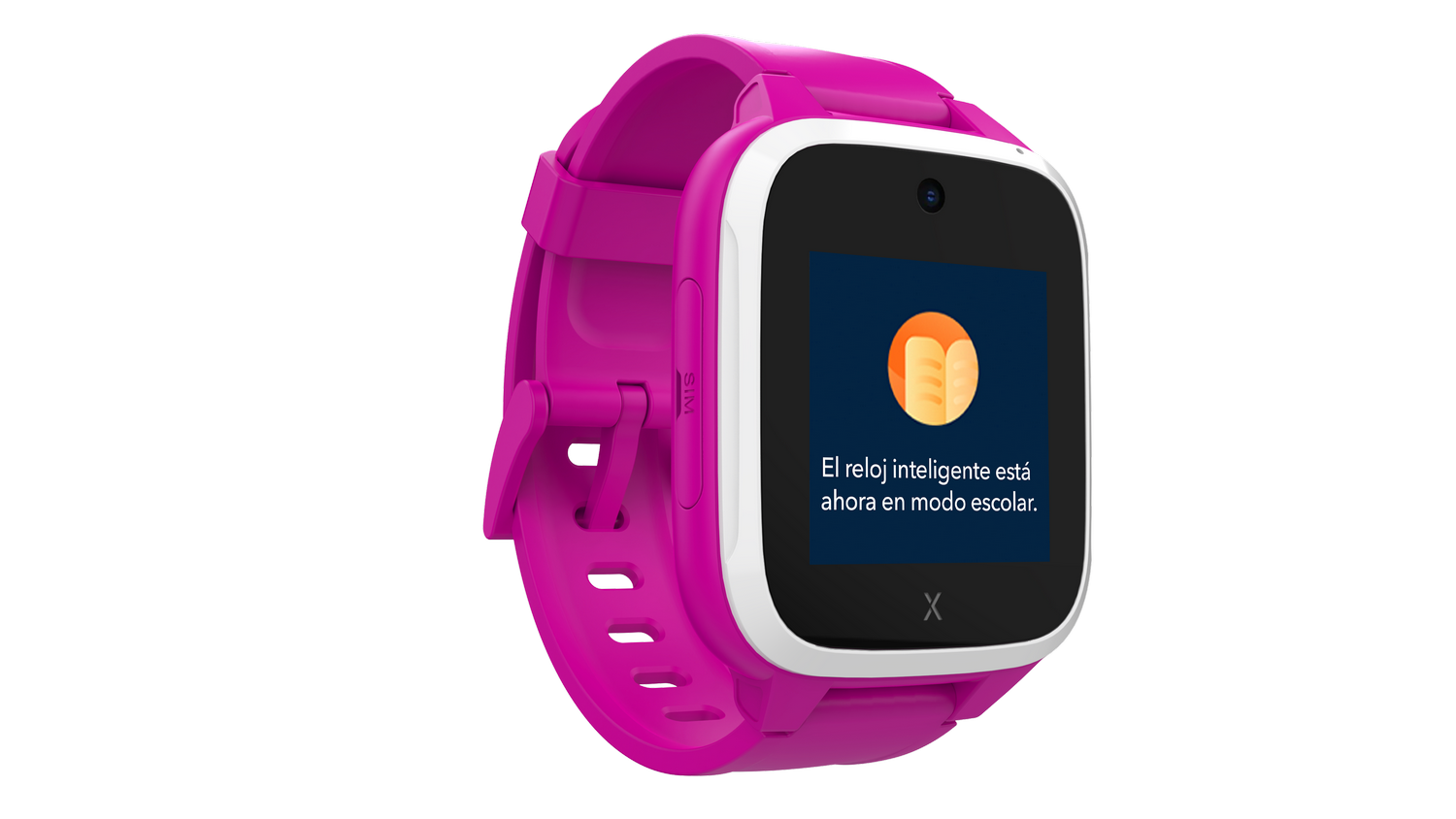 Reloj inteligente rosa con mensaje en español. Fondo gris.