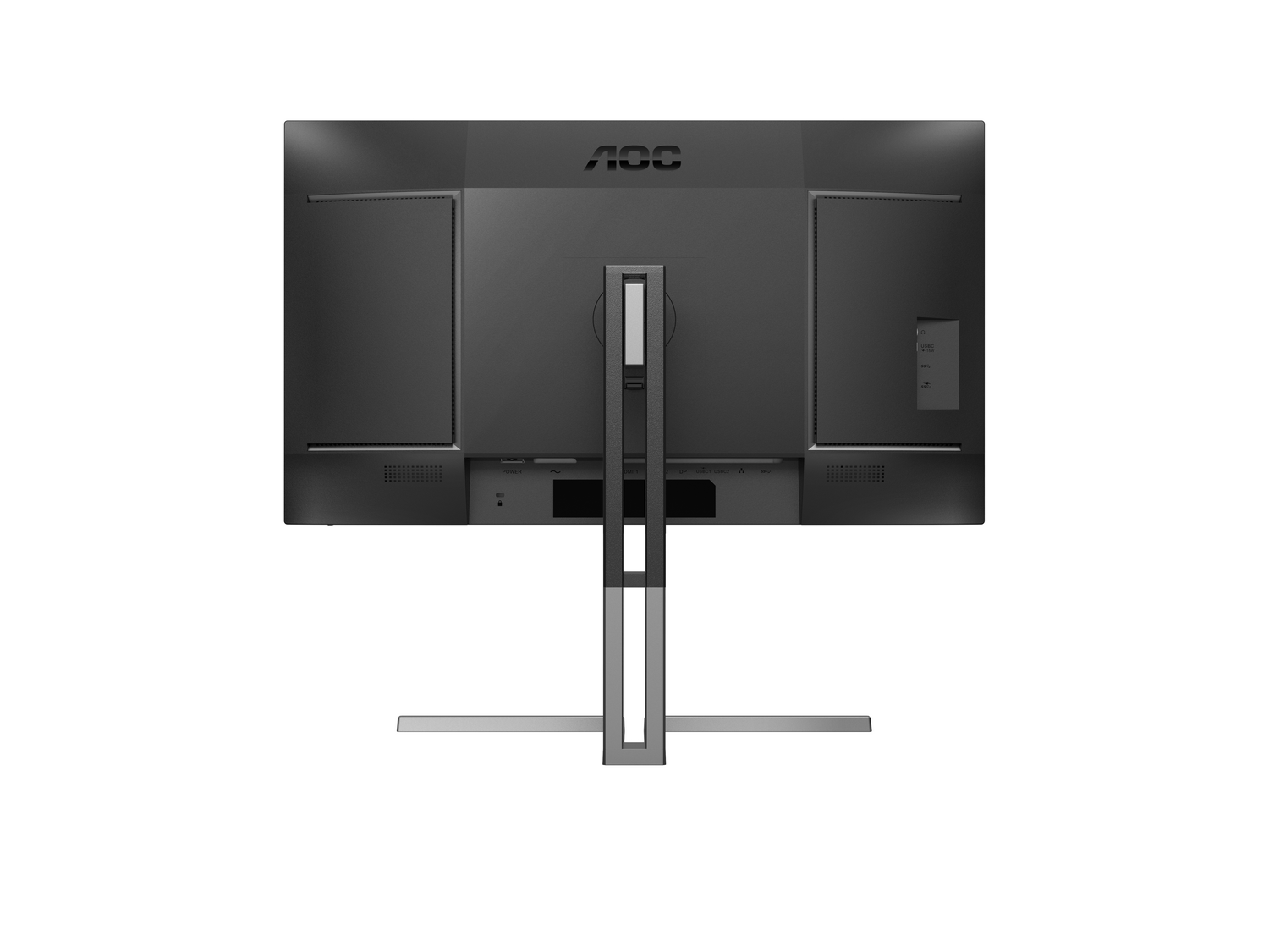 Vista trasera de un monitor AOC negro. Tiene un soporte plateado. Se ven los puertos y el logo de AOC.
