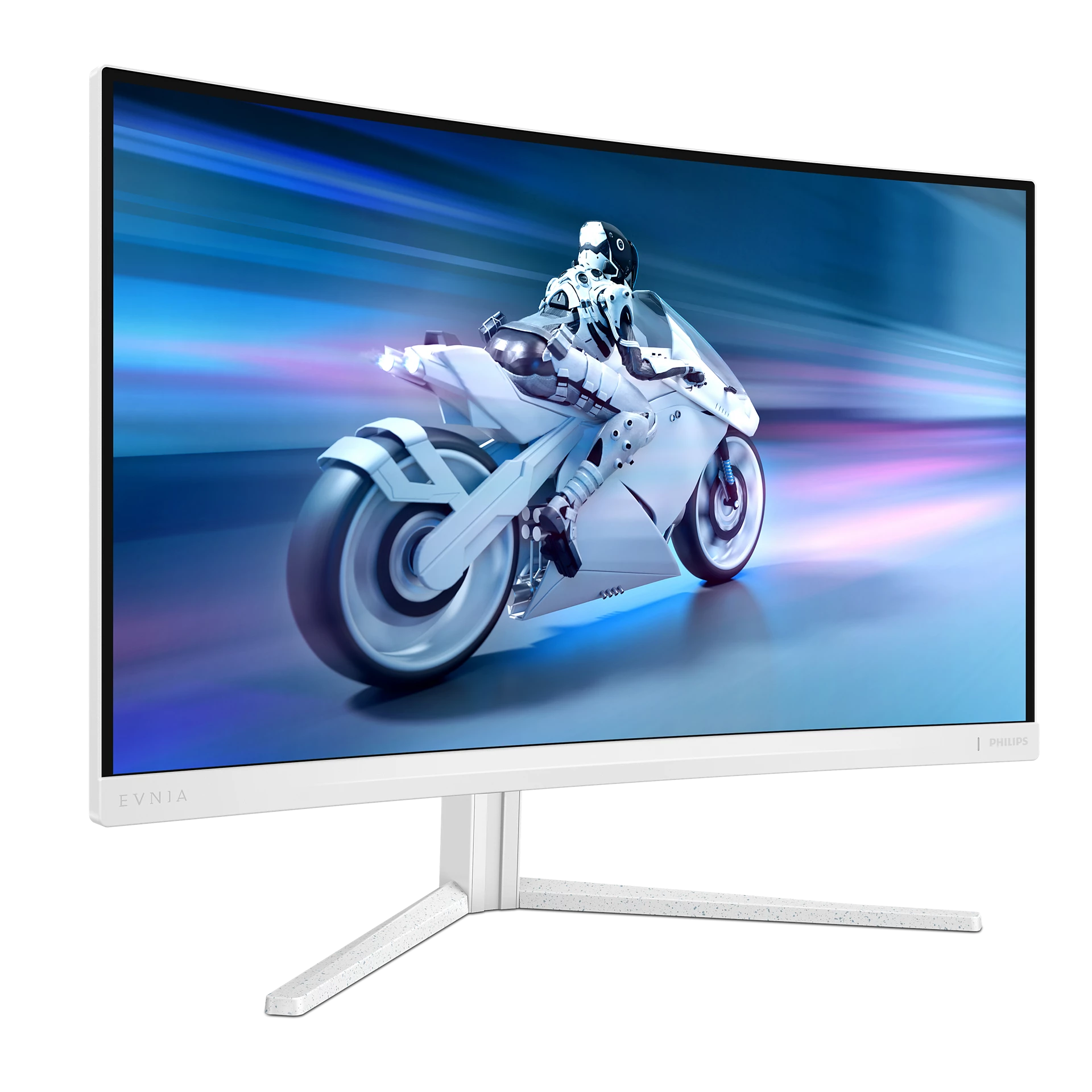 Monitor Evnia blanco muestra moto futurista con piloto sobre fondo borroso por movimiento.