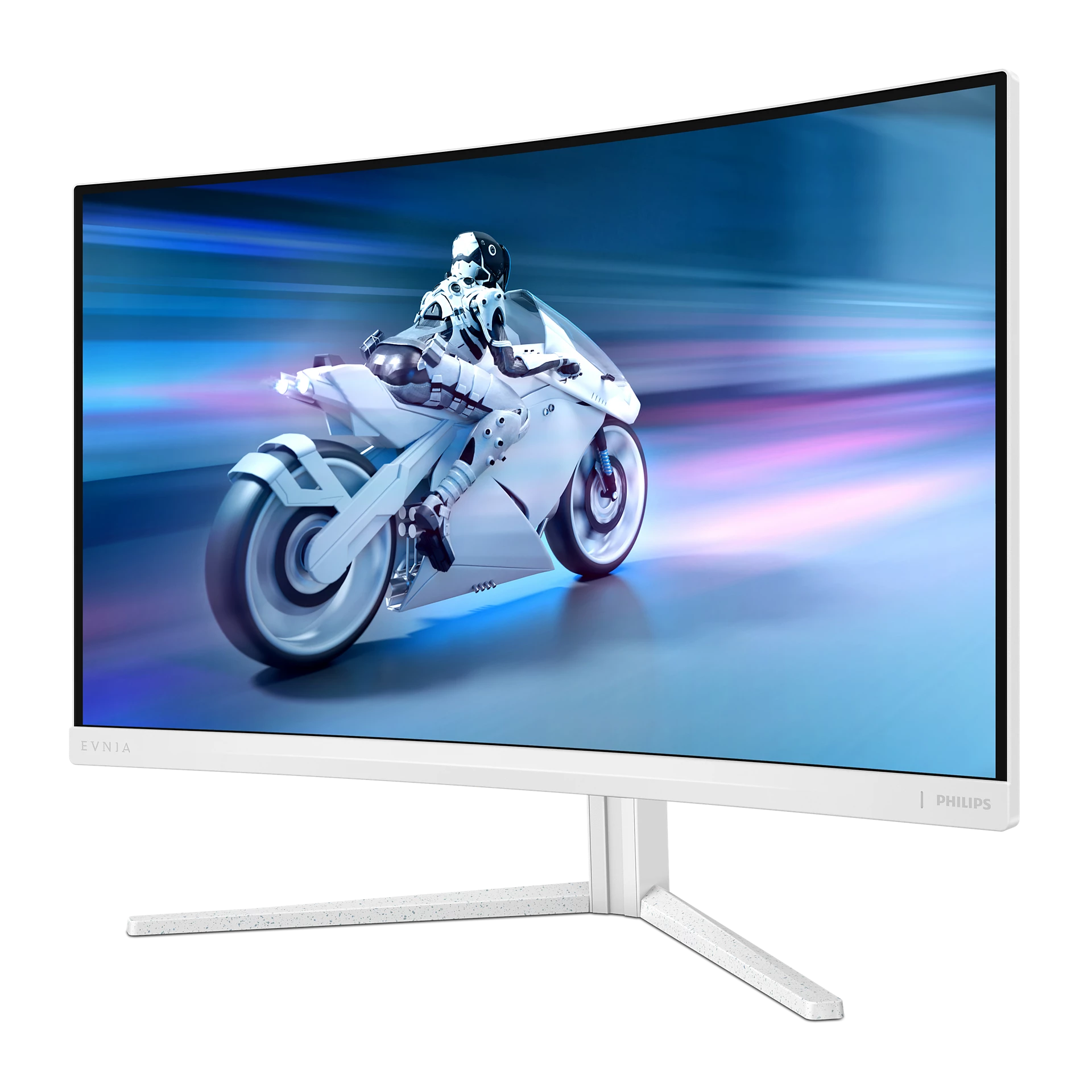 Monitor curvo blanco muestra una moto futurista. El monitor está en un soporte blanco. Philips y EVNIA son visibles.