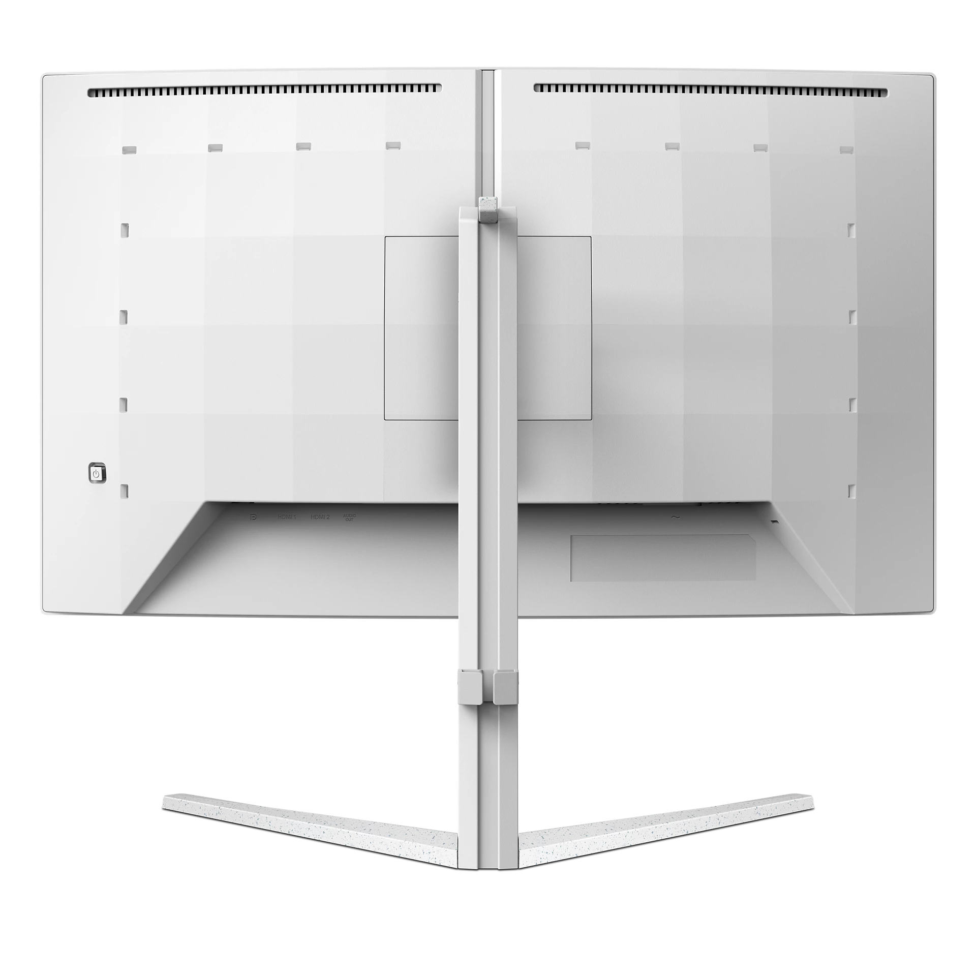 Parte trasera de un monitor de computadora blanco con soporte. Tiene ventilaciones, puertos y un botón de encendido.