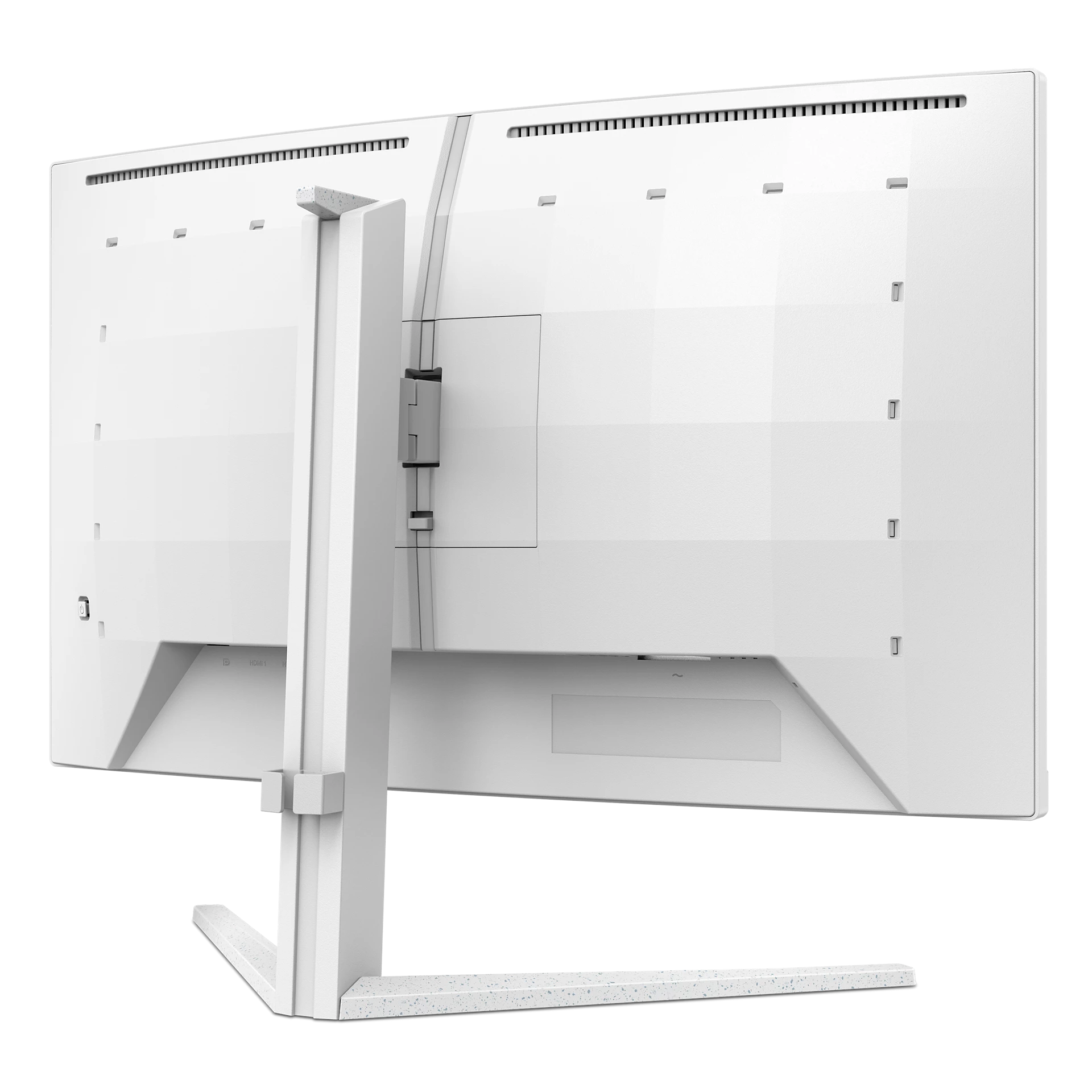Parte trasera de un monitor de computadora blanco con soporte. Puertos visibles. Diseño limpio y moderno.