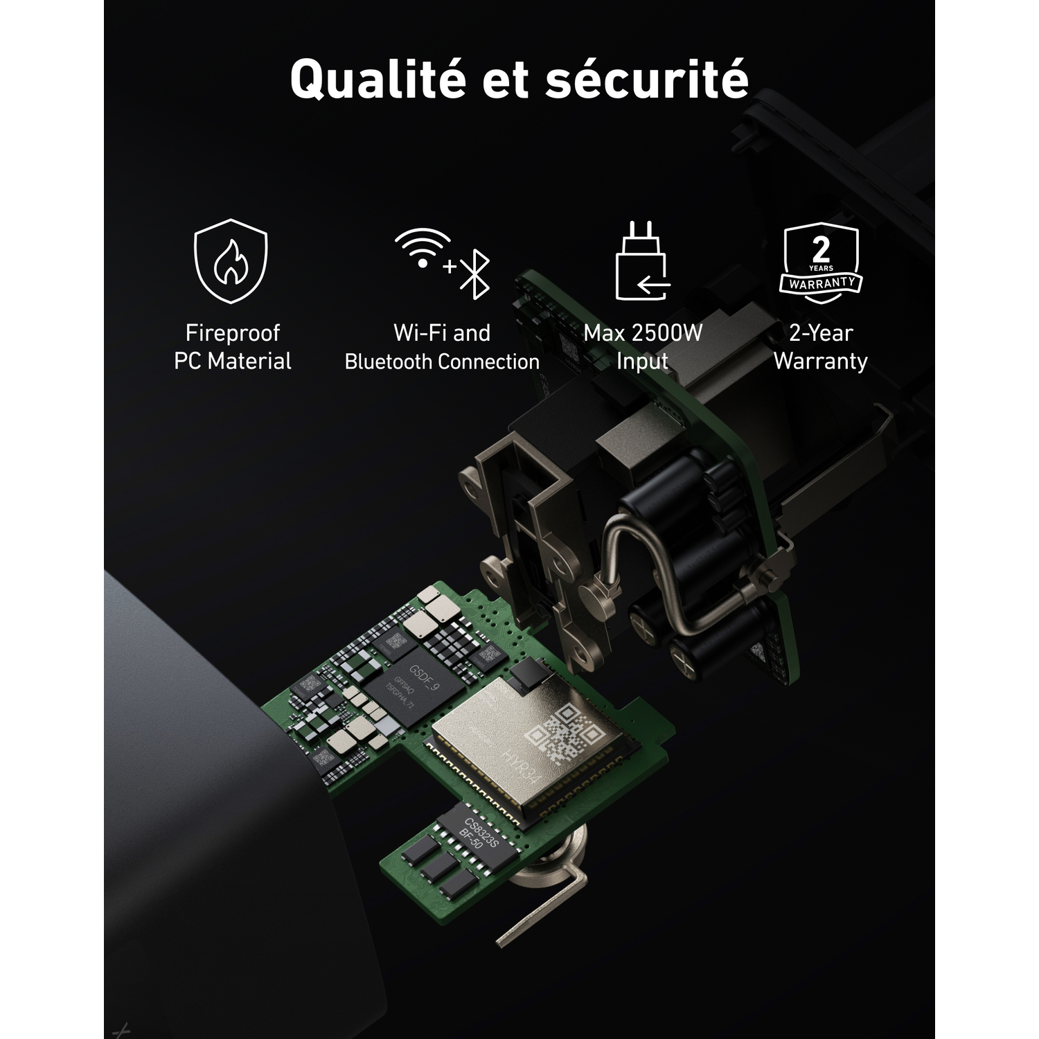 An electronic device with labels: fireproof, Wi-Fi, 2500W input, and 2-year warranty. A circuit board is visible.