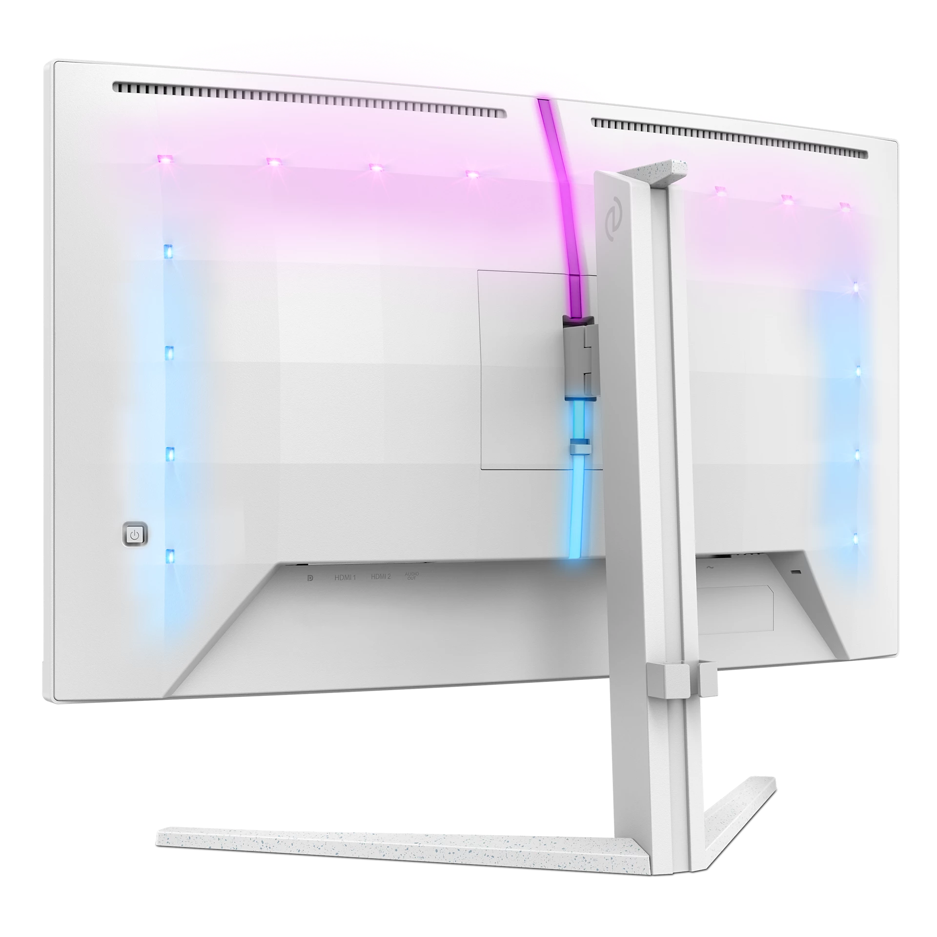 Parte trasera de monitor blanco con luces RGB. Un cable morado conecta y un soporte blanco lo sostiene.