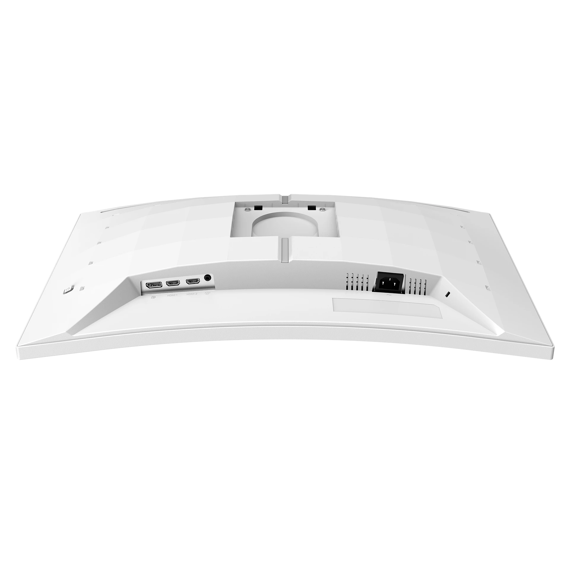 Vista trasera de un monitor curvo blanco. Cuenta con puertos HDMI, entrada de alimentación y un punto de montaje central.