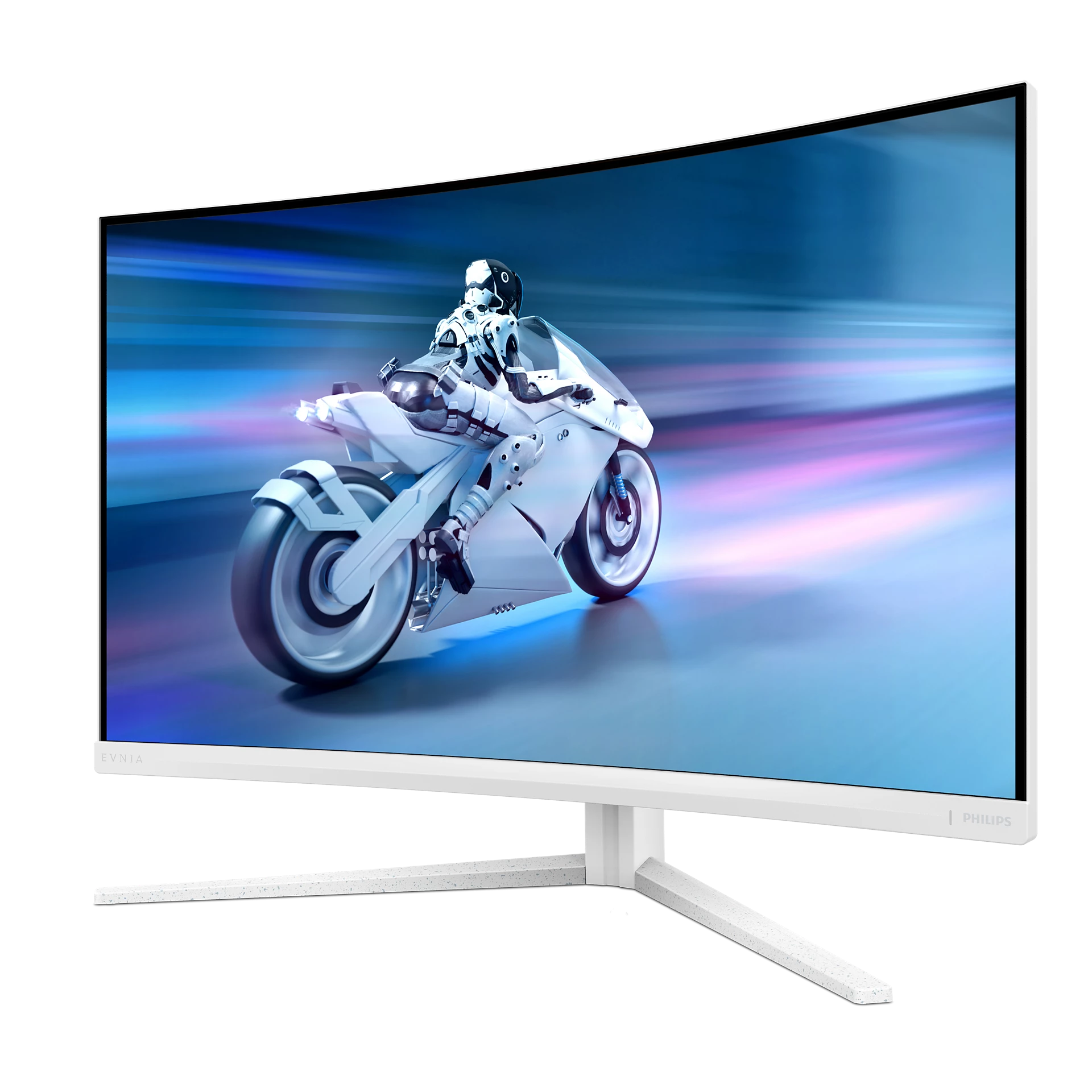 Un monitor blanco curvo muestra una motocicleta futurista con un piloto. El fondo de la pantalla tiene tonos azules y rosas.