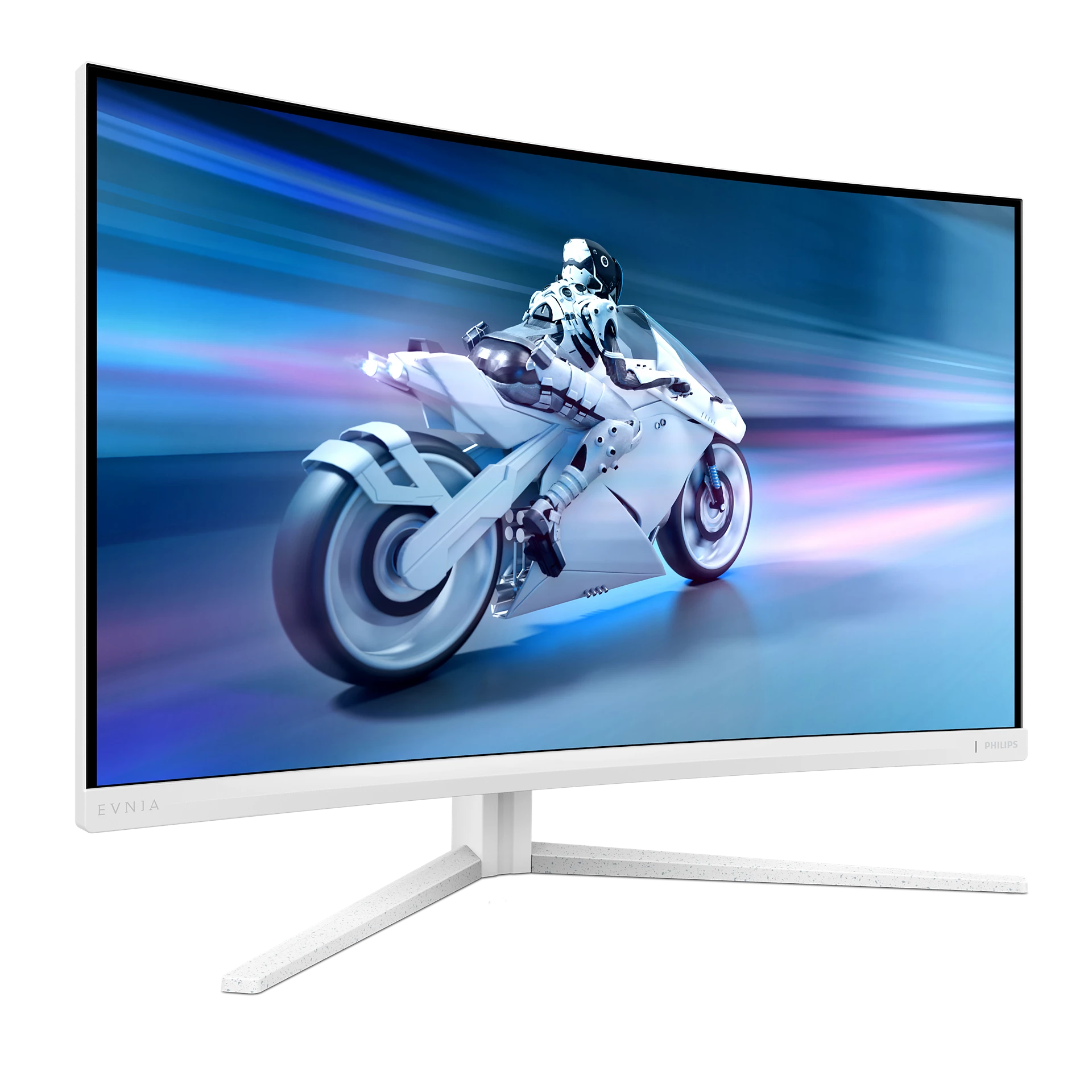 Un monitor blanco muestra una motocicleta futurista con un piloto contra un fondo borroso azul y blanco.