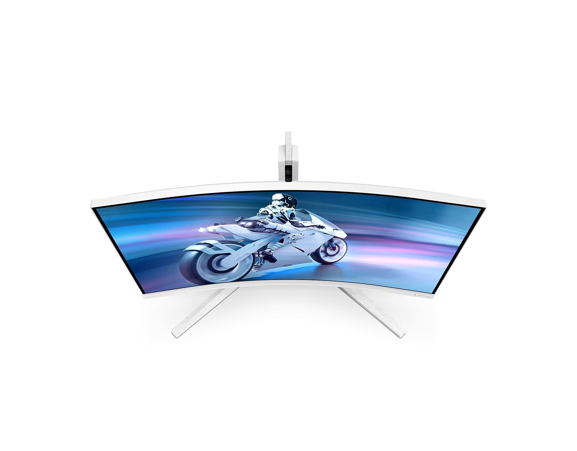 Un monitor blanco curvo muestra una escena de carreras de motos futurista sobre un fondo blanco. El monitor tiene patas blancas.
