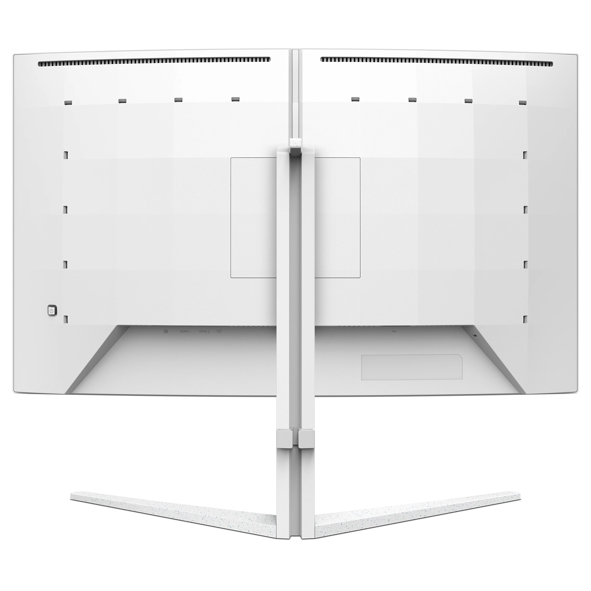 Vista trasera de un monitor de computadora blanco y curvo. Tiene un soporte y puertos de conexión. El fondo es blanco.