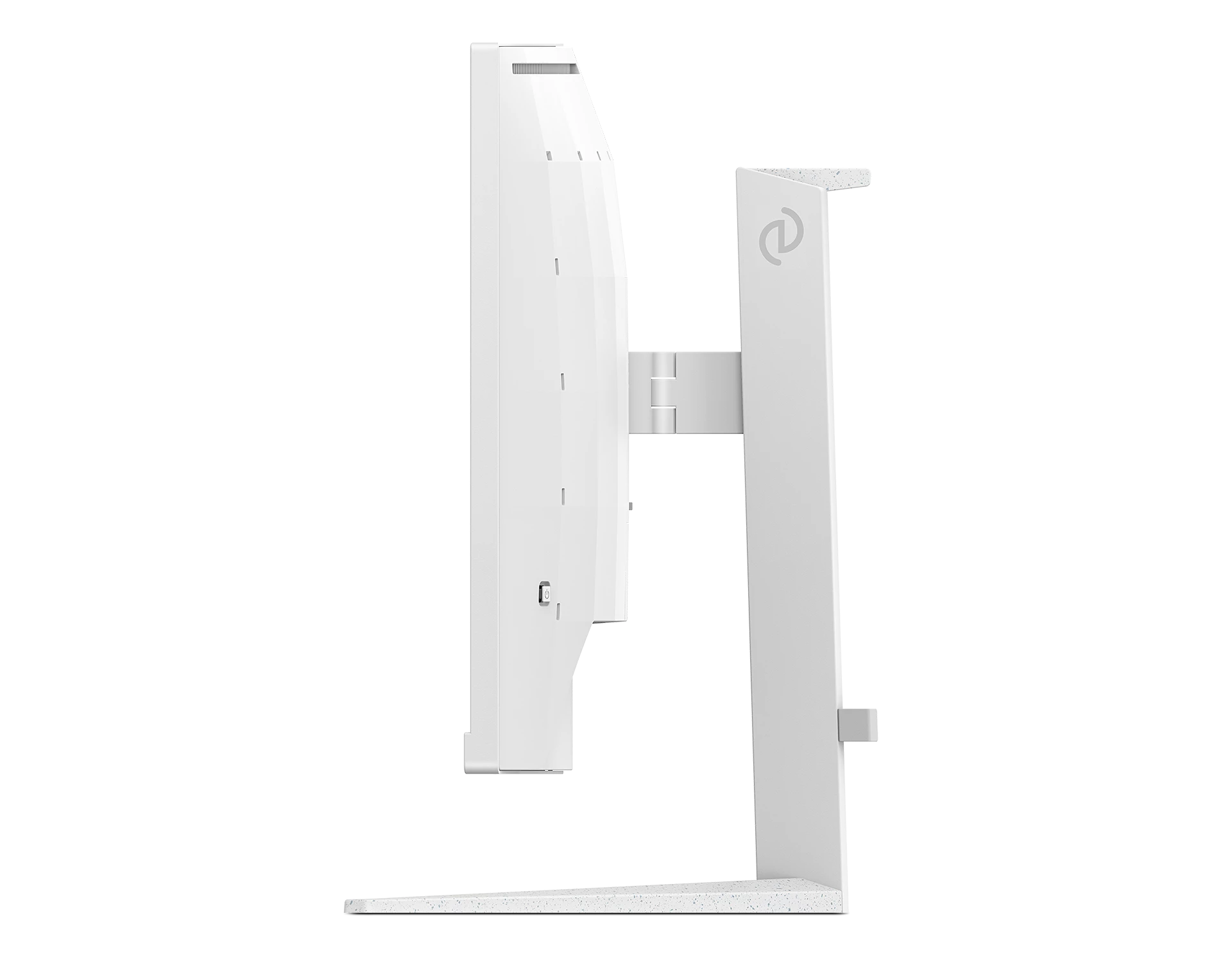 Vista lateral de un monitor de computadora blanco. Tiene un soporte y está conectado a un brazo de soporte.