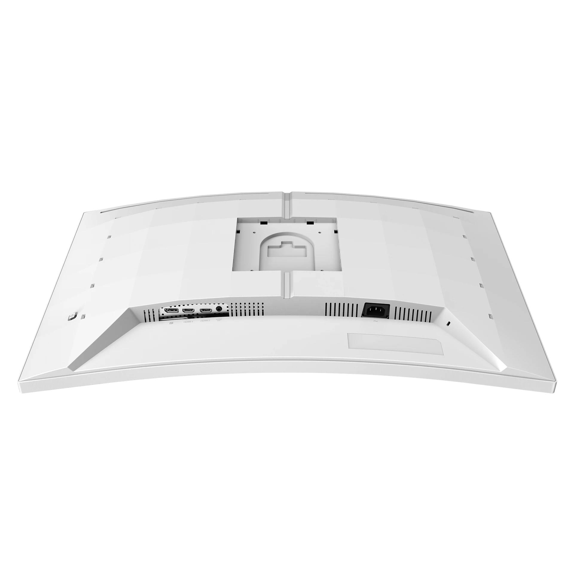 Vista trasera de un monitor de computadora blanco curvo. Puertos y enchufe de alimentación visibles. Fondo blanco.