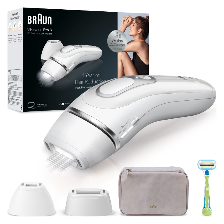 Braun Silk-expert Pro 3. Białe urządzenie IPL, pudełko, akcesoria. Kobieta w tle. Wyświetlono również maszynkę do golenia i etui.