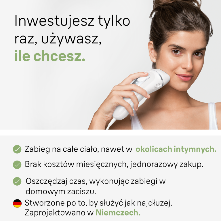 Kobieta używa białego urządzenia na twarzy. Tekst promuje pielęgnację ciała jednorazowym zakupem.