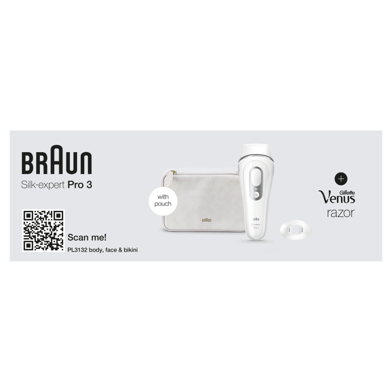 Braun Silk-expert Pro 3 z etui, maszynką i kodem QR. Tekst: ciało, twarz i bikini.