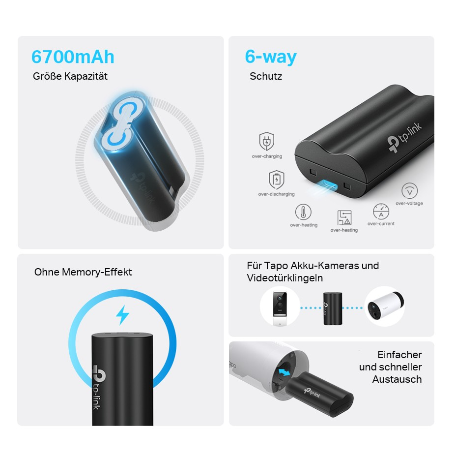 Produkt mit Batterie, Ladegerät und Schutzfunktionen. Kompatibel mit Tapo-Batteriekameras und Türklingeln.