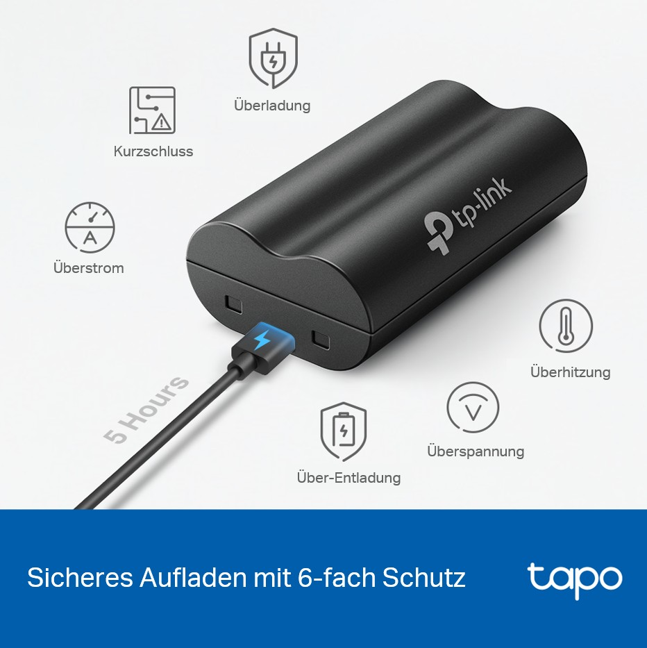Schwarzes TP-Link-Ladegerät mit Ladekabel, umgeben von Symbolen für Schutzfunktionen.