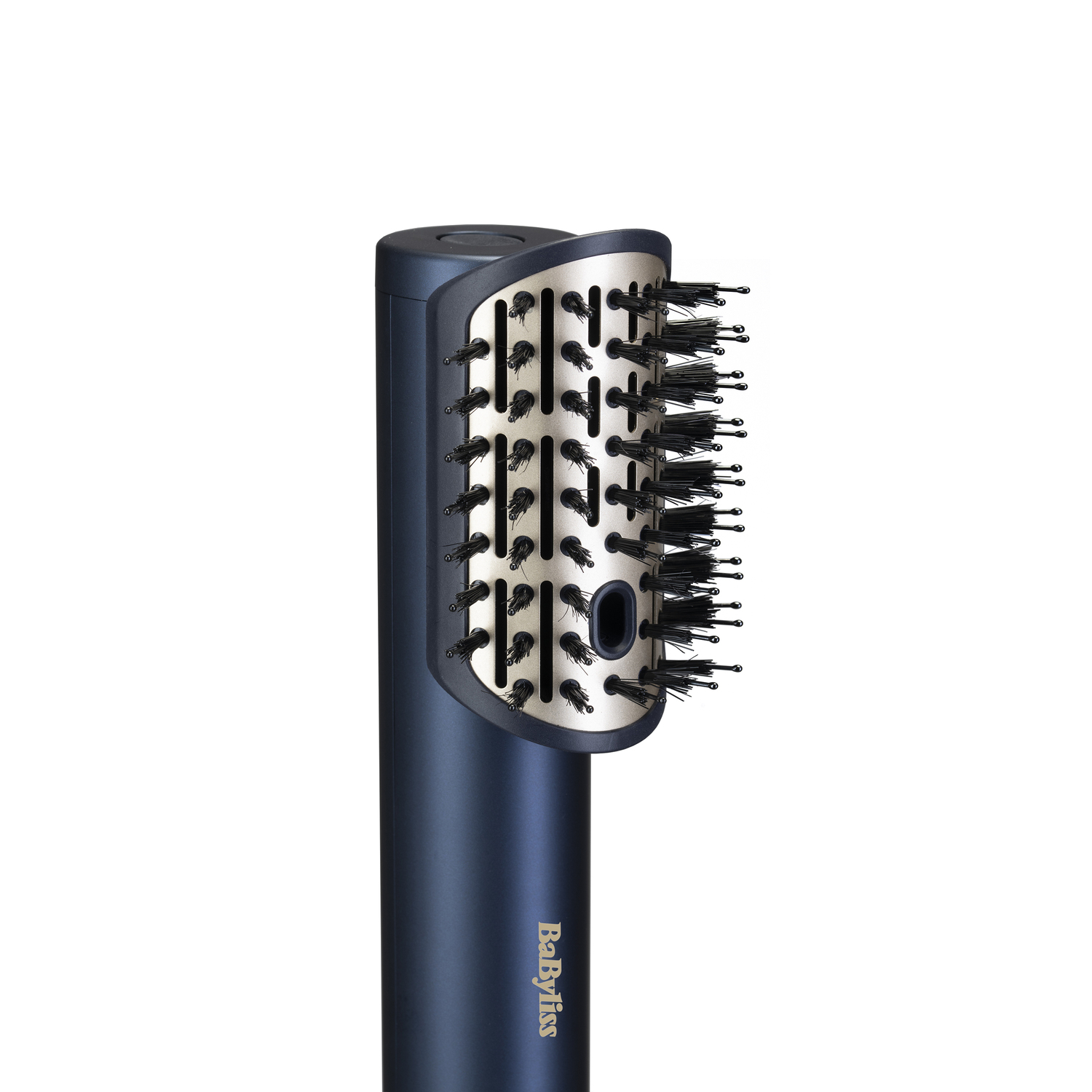 Een Babyliss haarborstel. Het heeft een blauwe handgreep, een goudkleurige borstelkop en zwarte borstelharen.