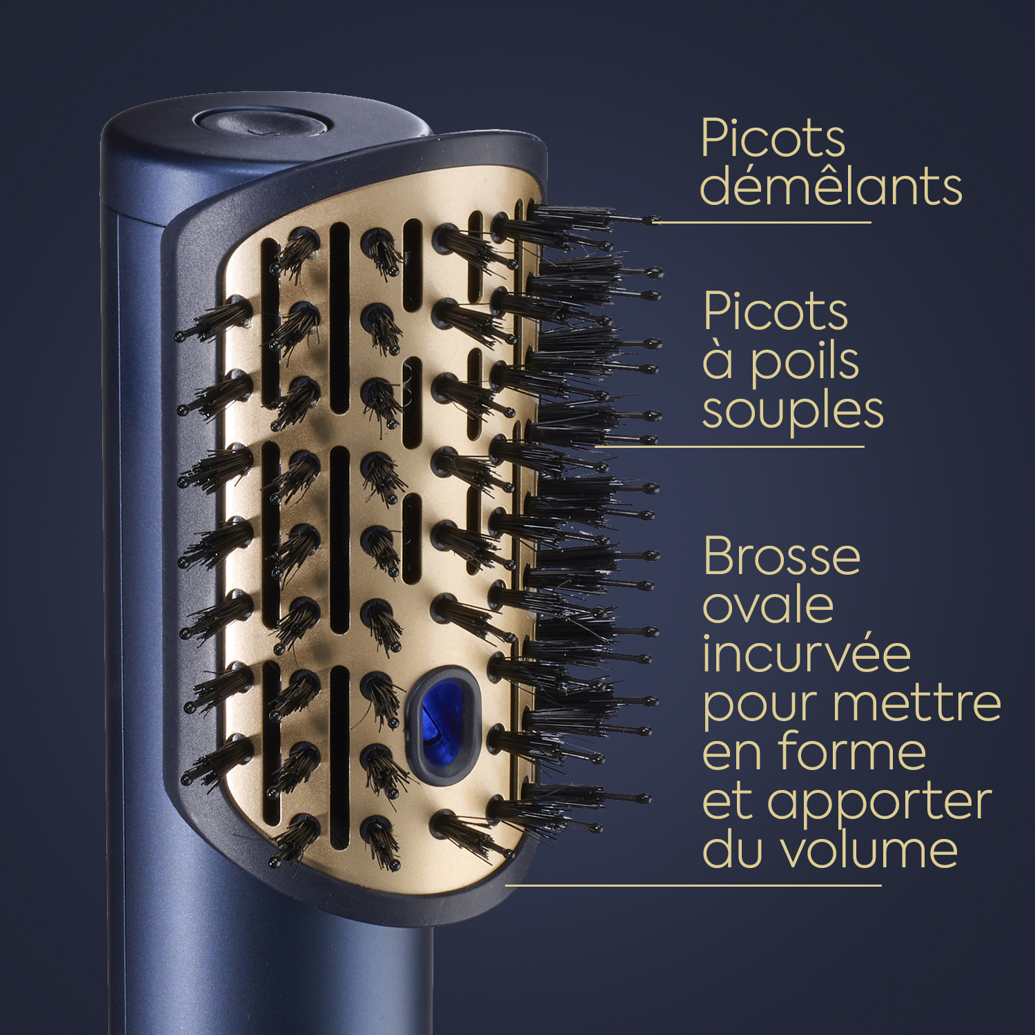 Brosse à coiffer avec des poils noirs et un design doré et bleu. Elle est de forme ovale incurvée.