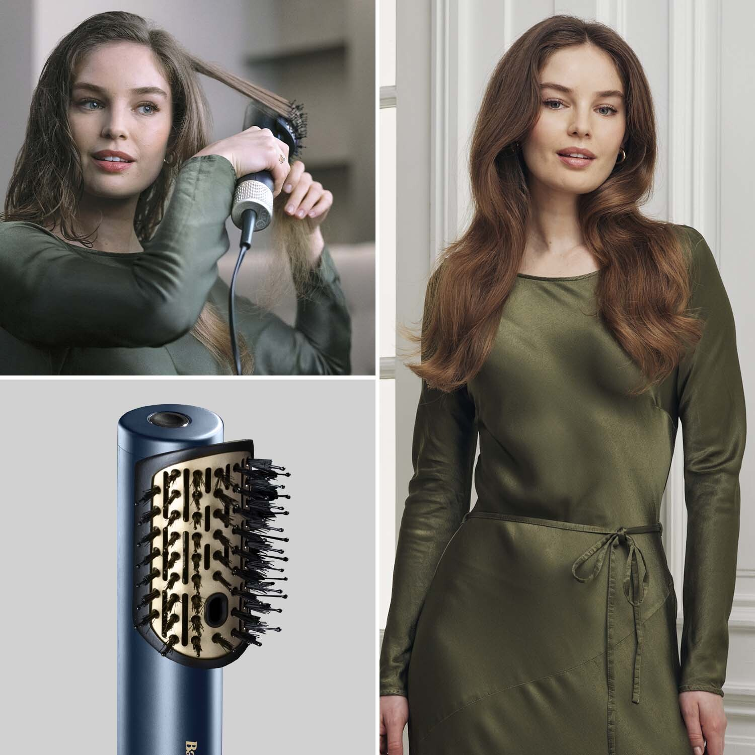 Vrouw die haar haar stylet met een styler. Ze draagt een olijfgroene jurk. Productfoto van een blauwzwarte styler.