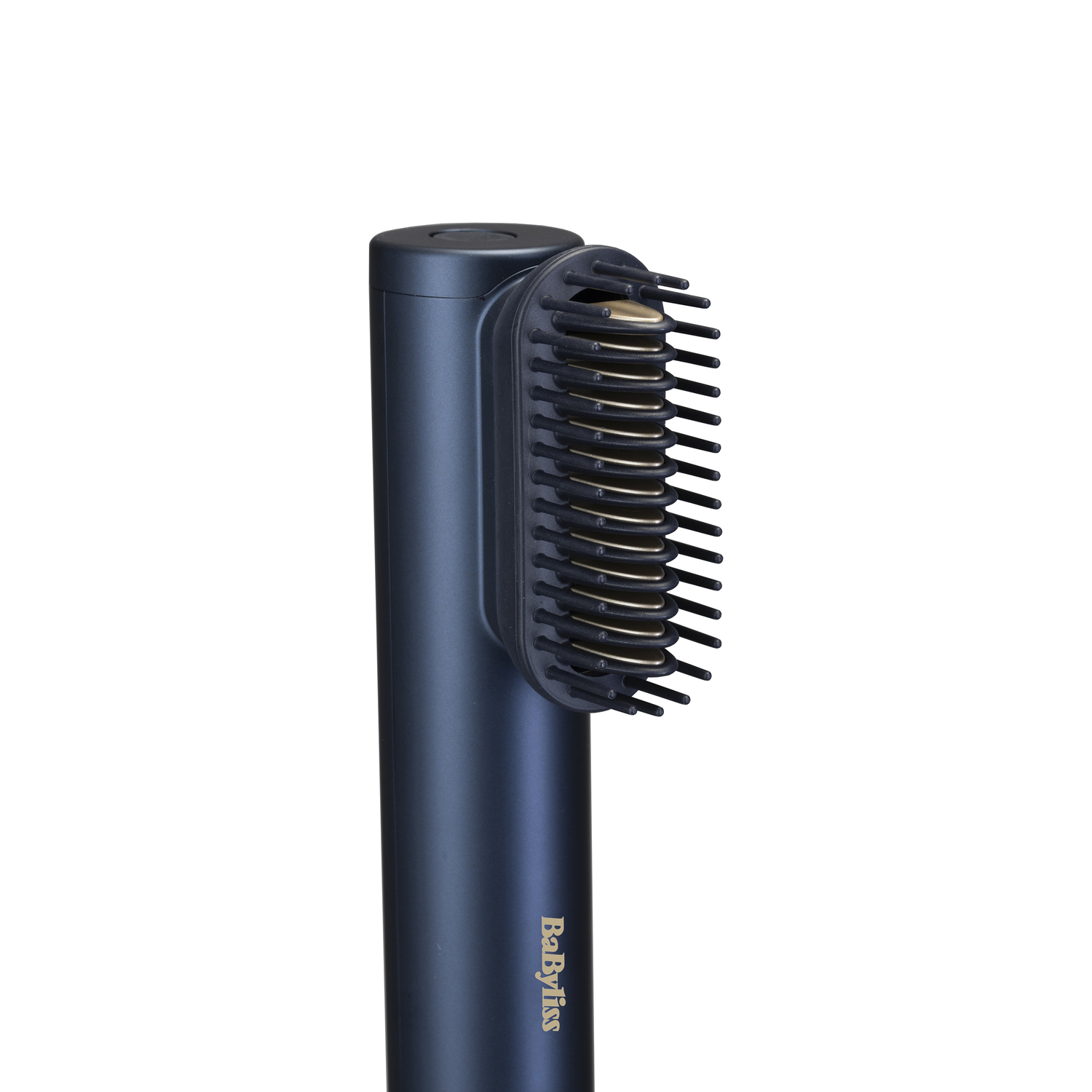 Een blauwe Babyliss stijltang op een witte achtergrond. De borstelkop is zwart met gouden platen.